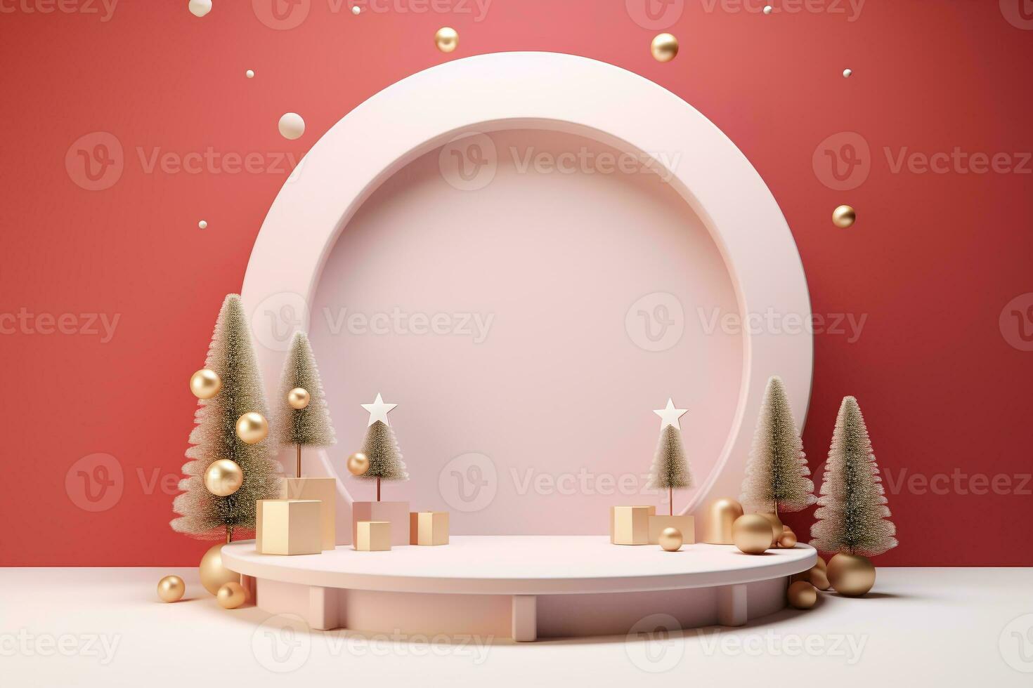 Elegant Stage Podium with Christmas Elements 3D Render for Festive Celebrations.Created with Generative AI technology. photo