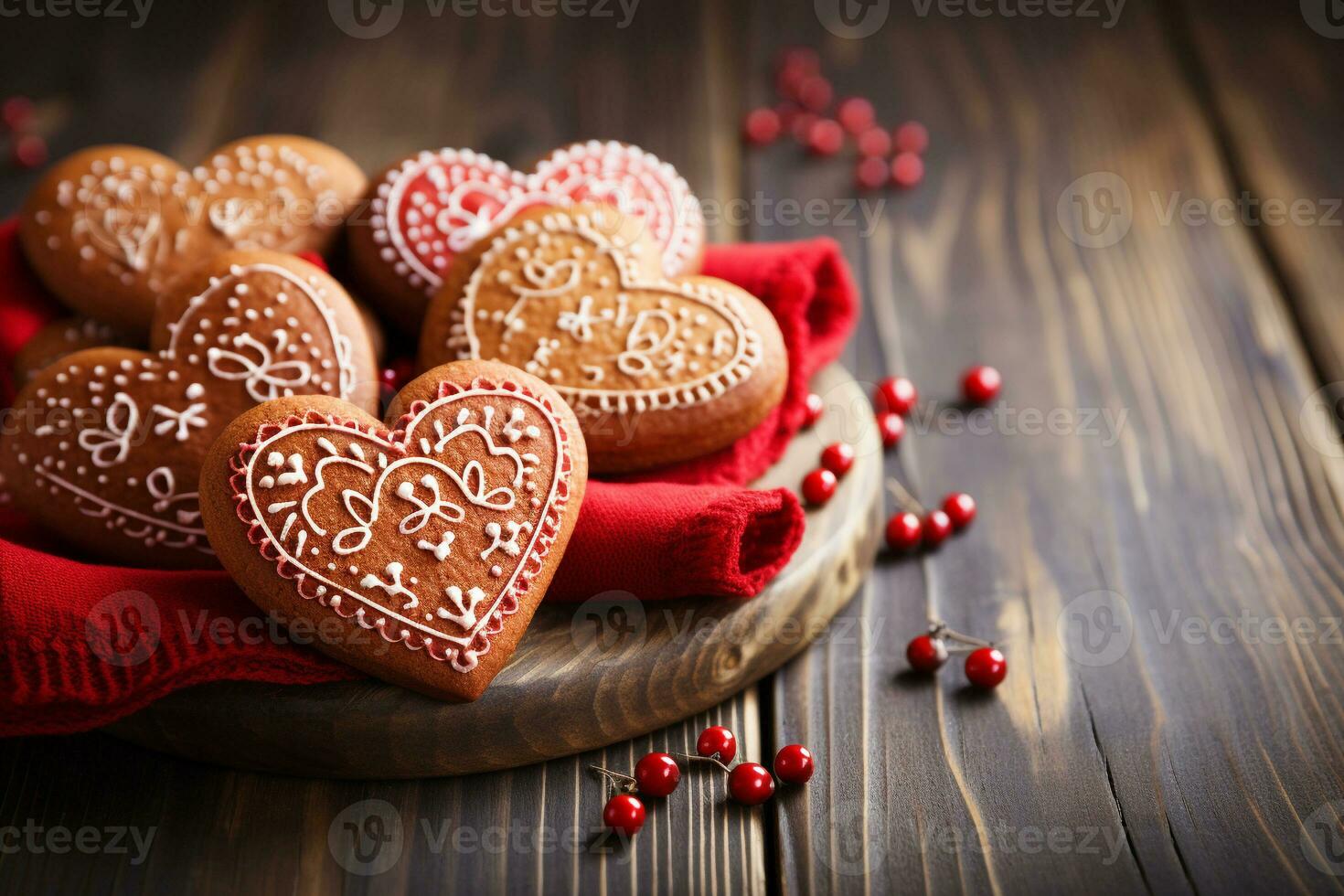 Valentine's Day Heart Cookies on Rustic Table.Created with Generative AI technology. photo