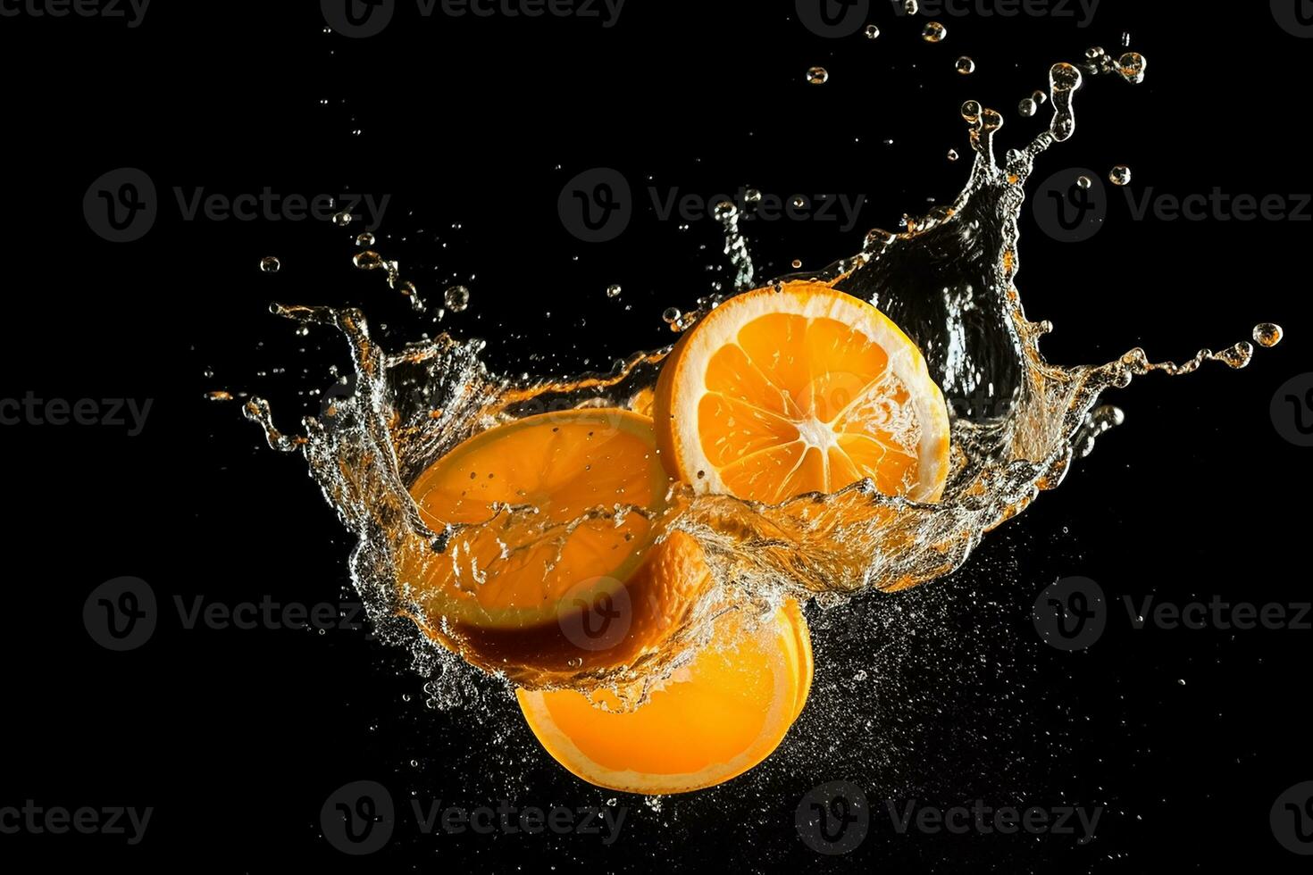 Orange with splash water in black background AI Generated photo