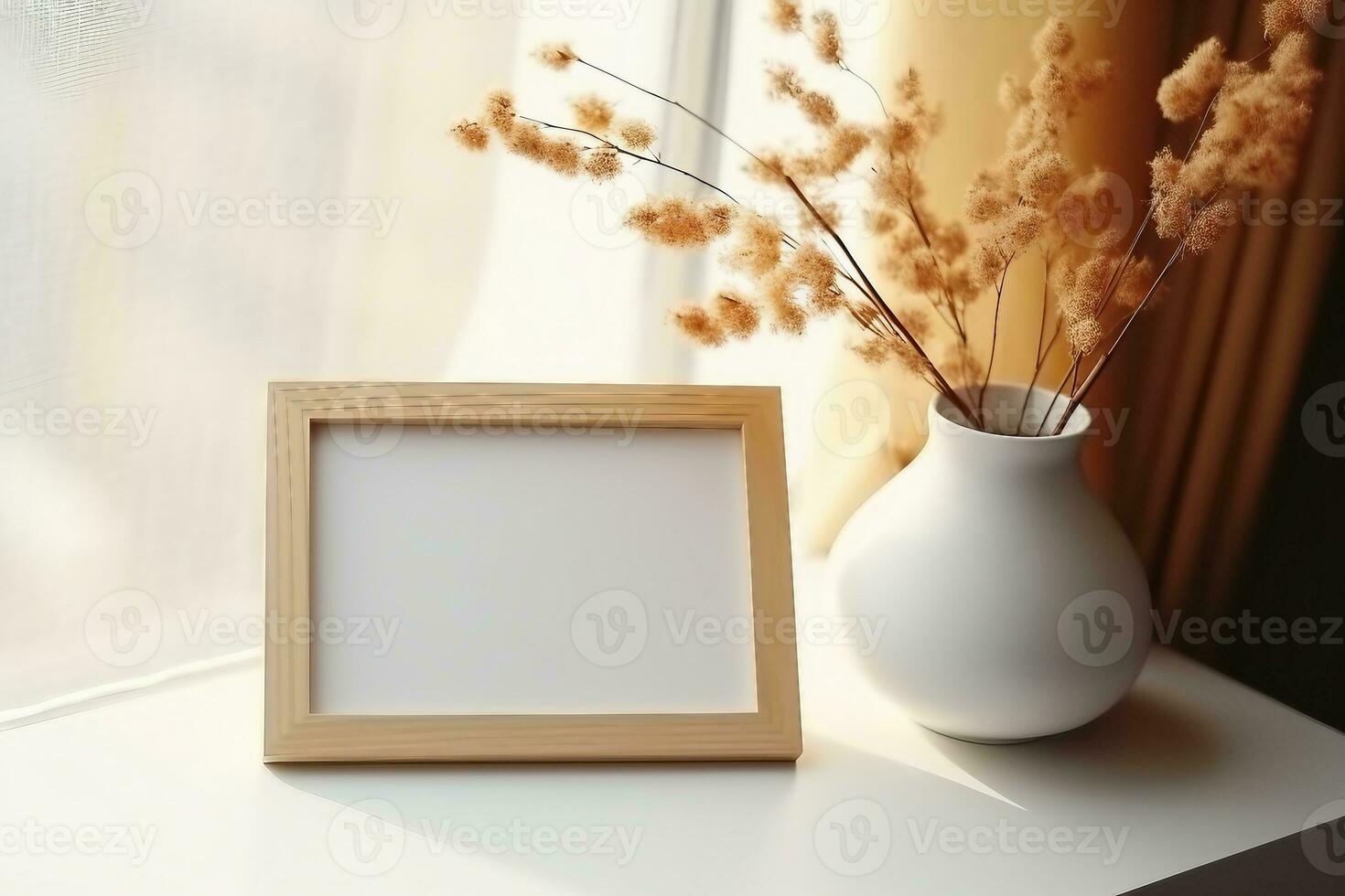Picture frame mockup and vase of dried linum on windowsill top view. Flat lay, top view, copy space. generative ai. photo