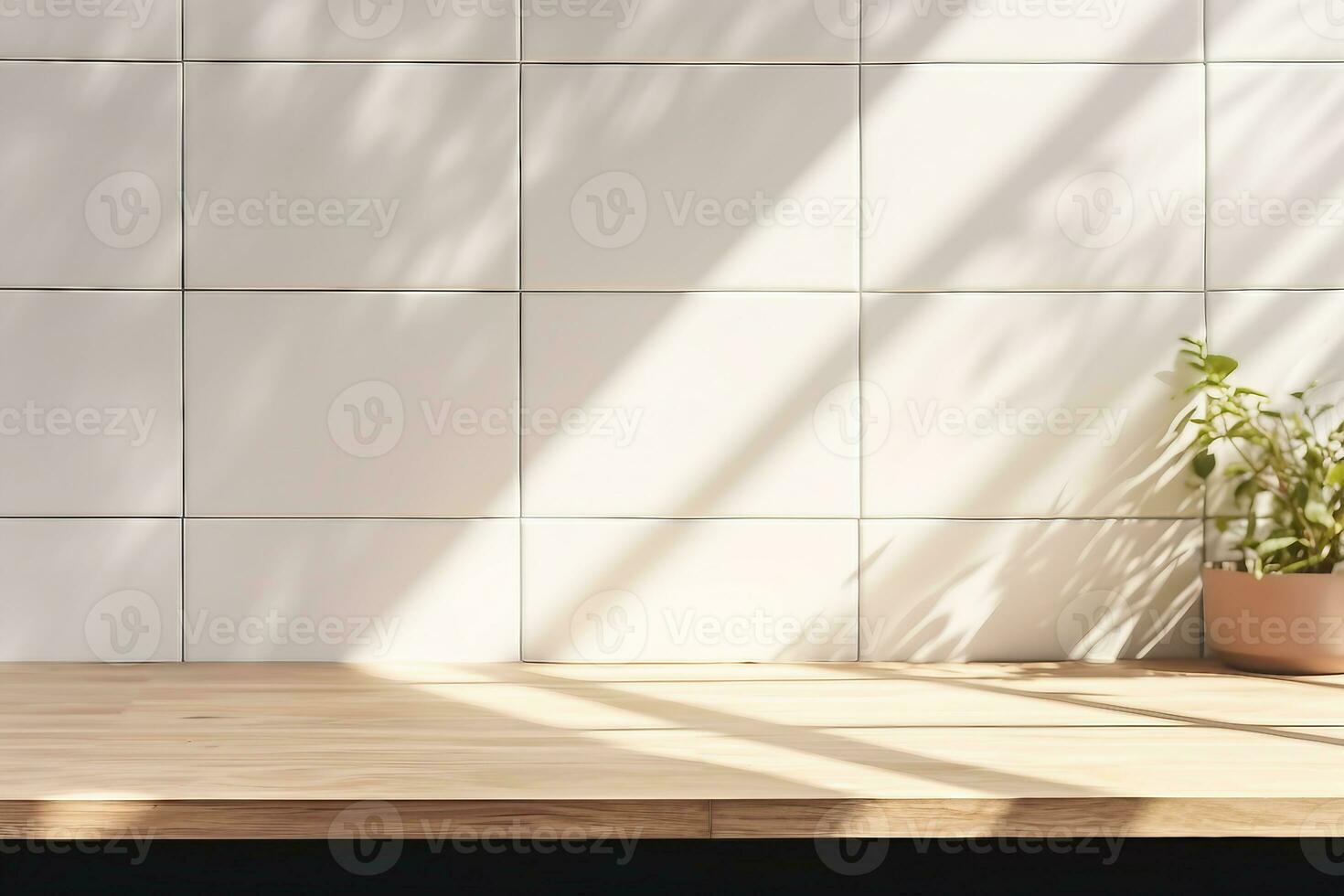 interior design, close up blank empty space on beautiful oak wood wooden kitchen counter top with morning sunlight. generative ai. photo