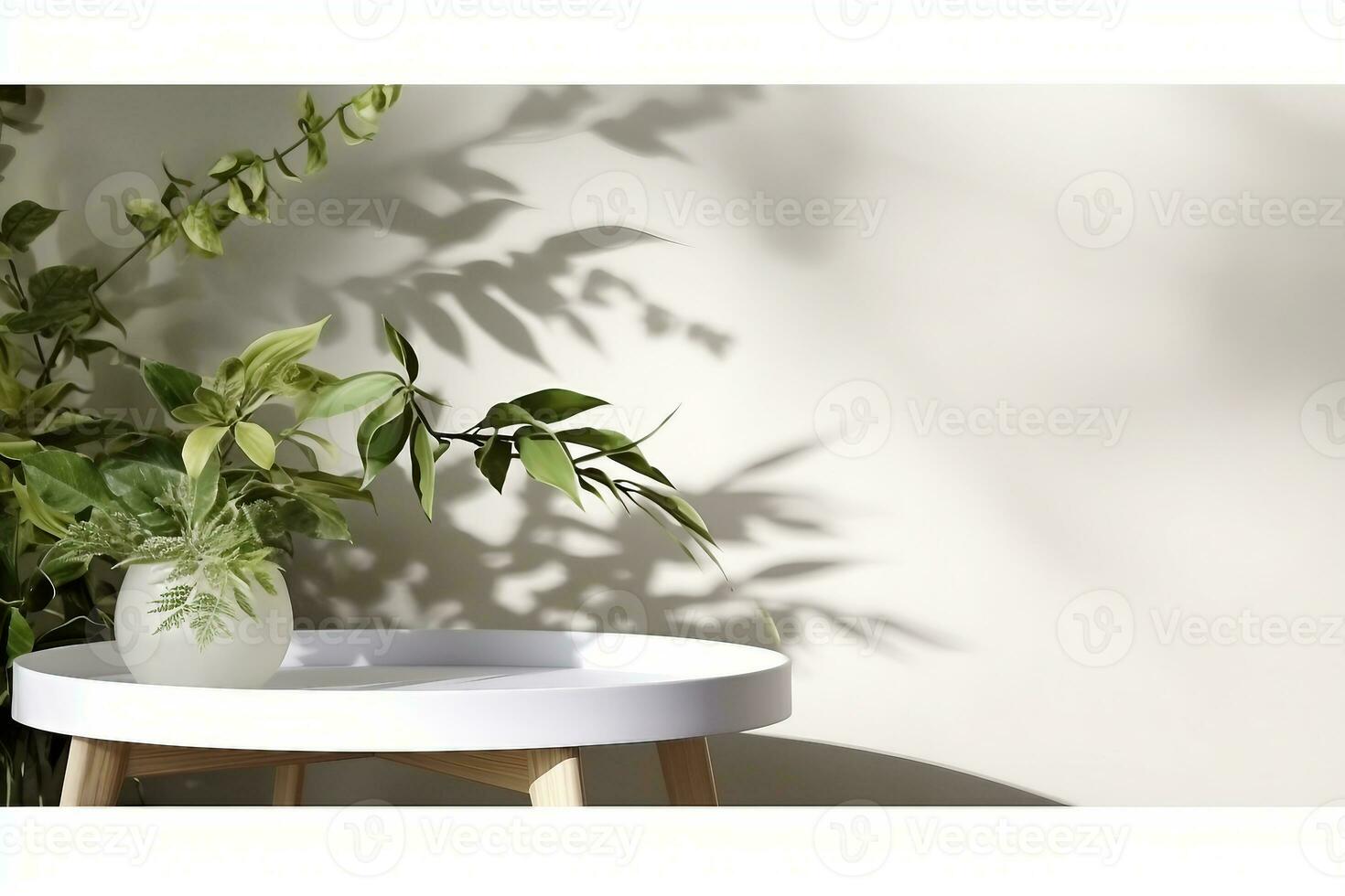 interior design, empty clean white table tray podium with green leafs plant, blowing curtains, beautiful foliage leaves shadow on white blank wall, Background,,Products display. generative ai. photo