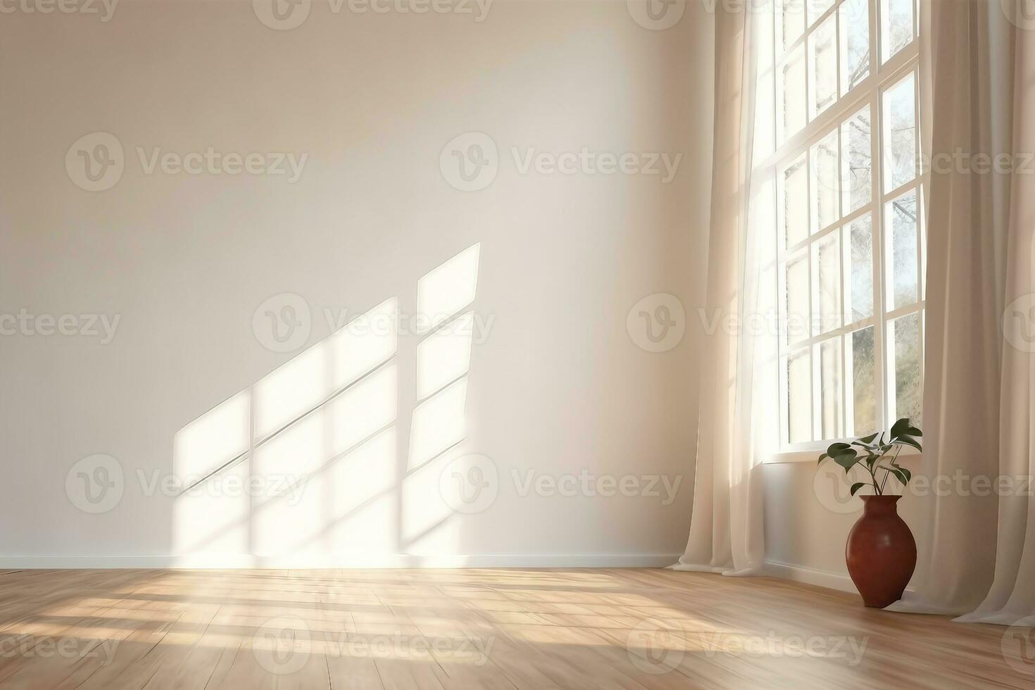 white empty room with wooden floor and sun light cast shadow on the