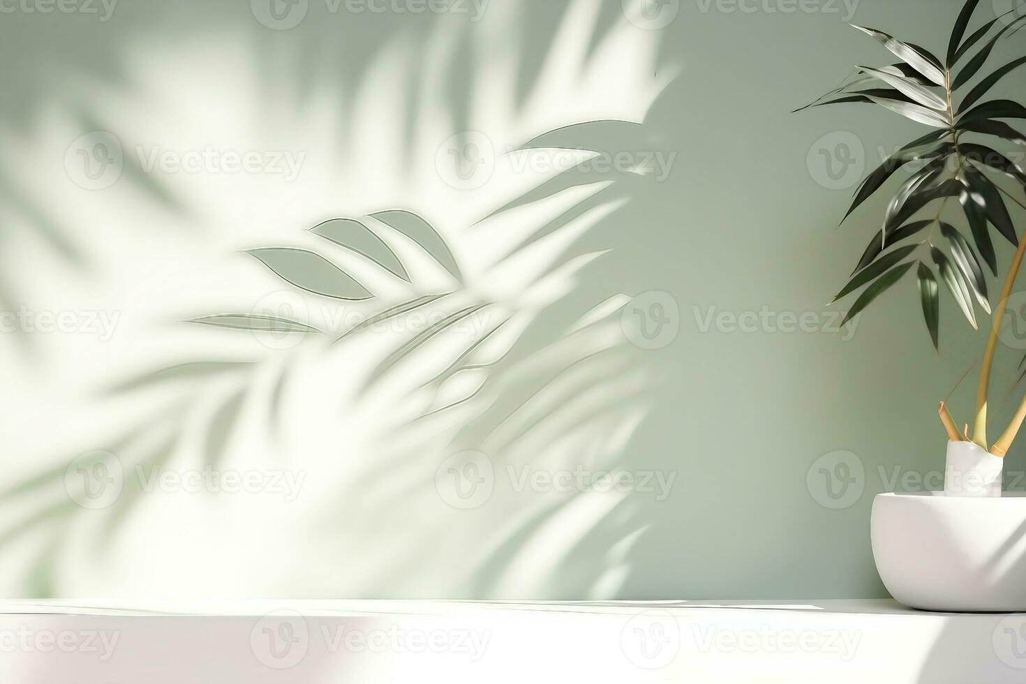 Minimalistic light background with blurred foliage shadow on a light wall. Beautiful background for presentation with with marble floor. generative ai. photo
