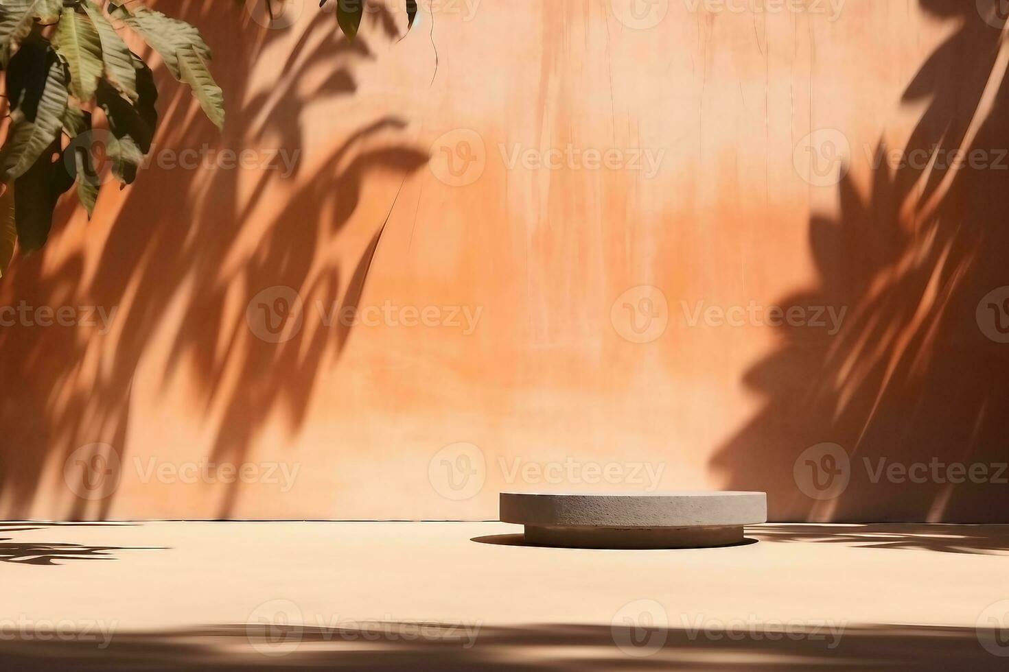 Orange Backdrop Podium Pattern for add Product,Abstract Texture Shadow Leaves Overlay with Sun Light Background,Design Autumn Summer Table Studio Room with Sun Light. generative ai. photo