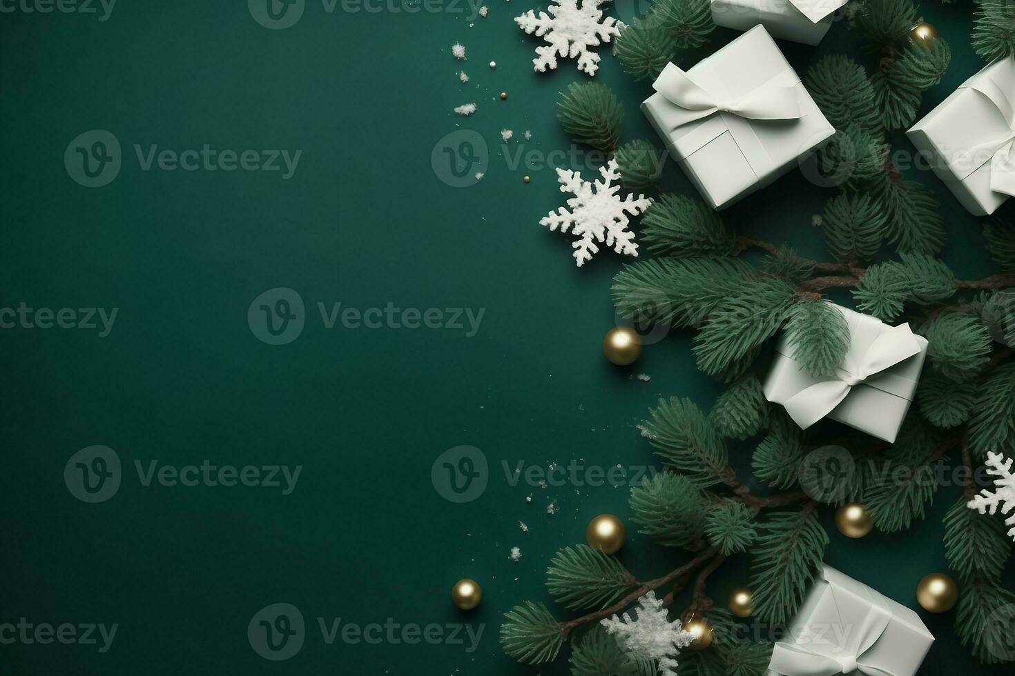 Christmas border with xmas tree and gifts on green background. Winter holiday. Happy New Year. Space for text. View from above, flat lay. Xmas. Template, mockup. Greeting card. generative ai. photo