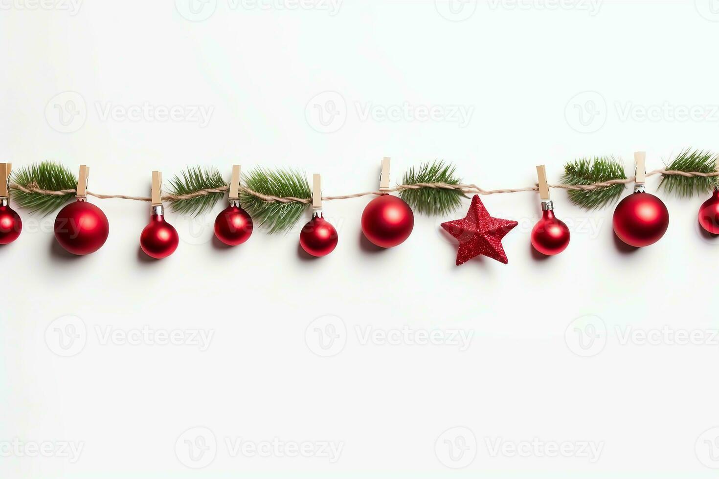 Christmas composition. Garland made of red balls and fir tree branches on white background. Christmas, winter, new year concept. Flat lay, top view, copy space. generative ai. photo