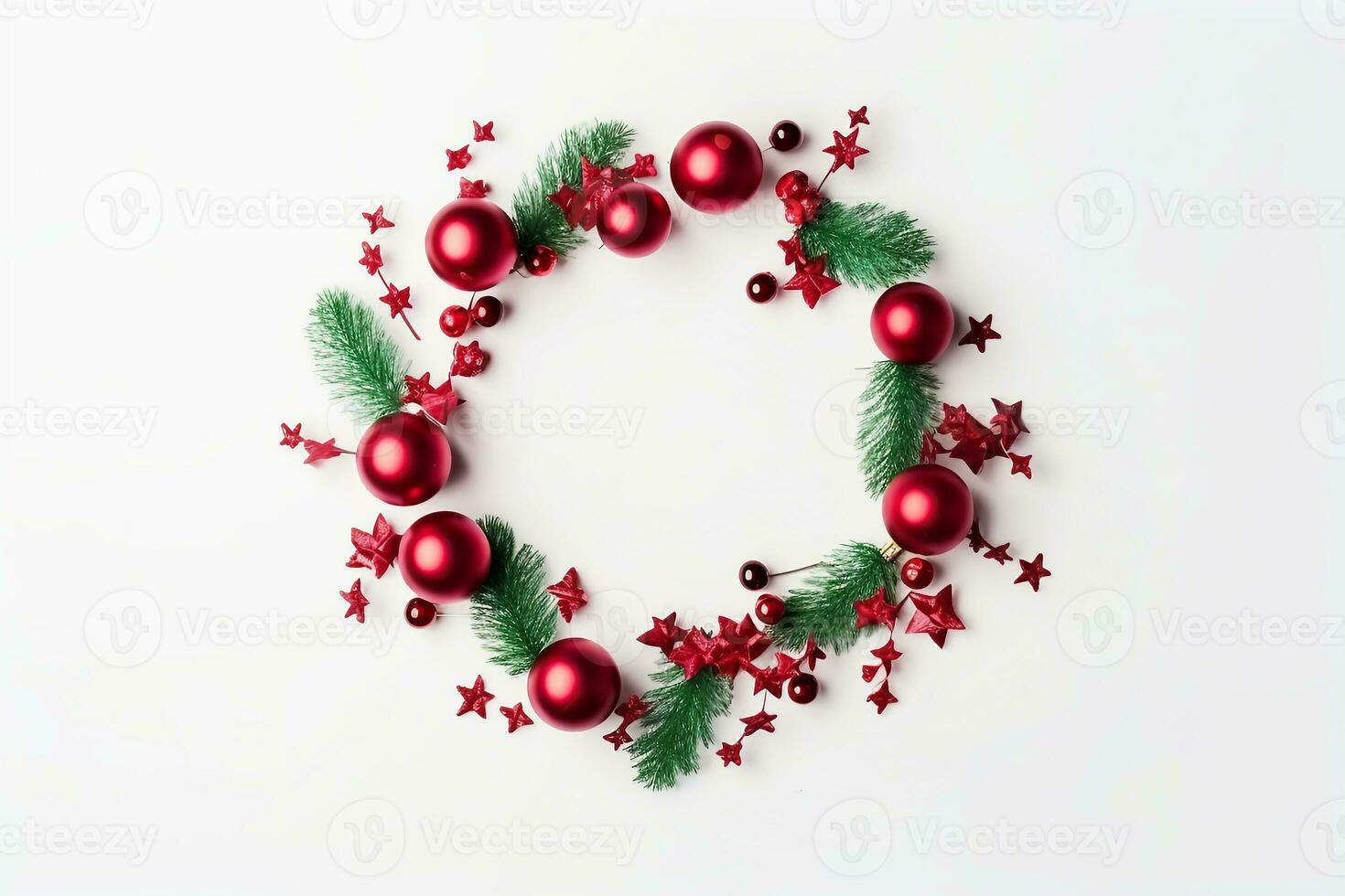Christmas composition. Christmas wreath on white background. Flat lay, top view, copy space. generative ai. photo
