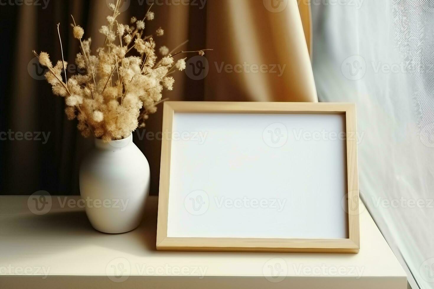 Picture frame mockup and vase of dried linum on windowsill top view. Flat lay, top view, copy space. generative ai. photo