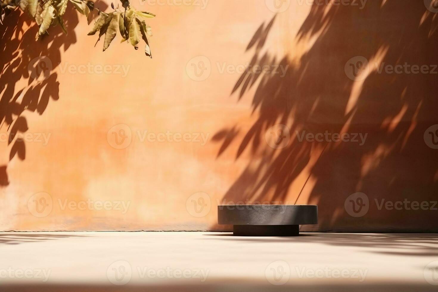 Orange Backdrop Podium Pattern for add Product,Abstract Texture Shadow Leaves Overlay with Sun Light Background,Design Autumn Summer Table Studio Room with Sun Light. generative ai. photo