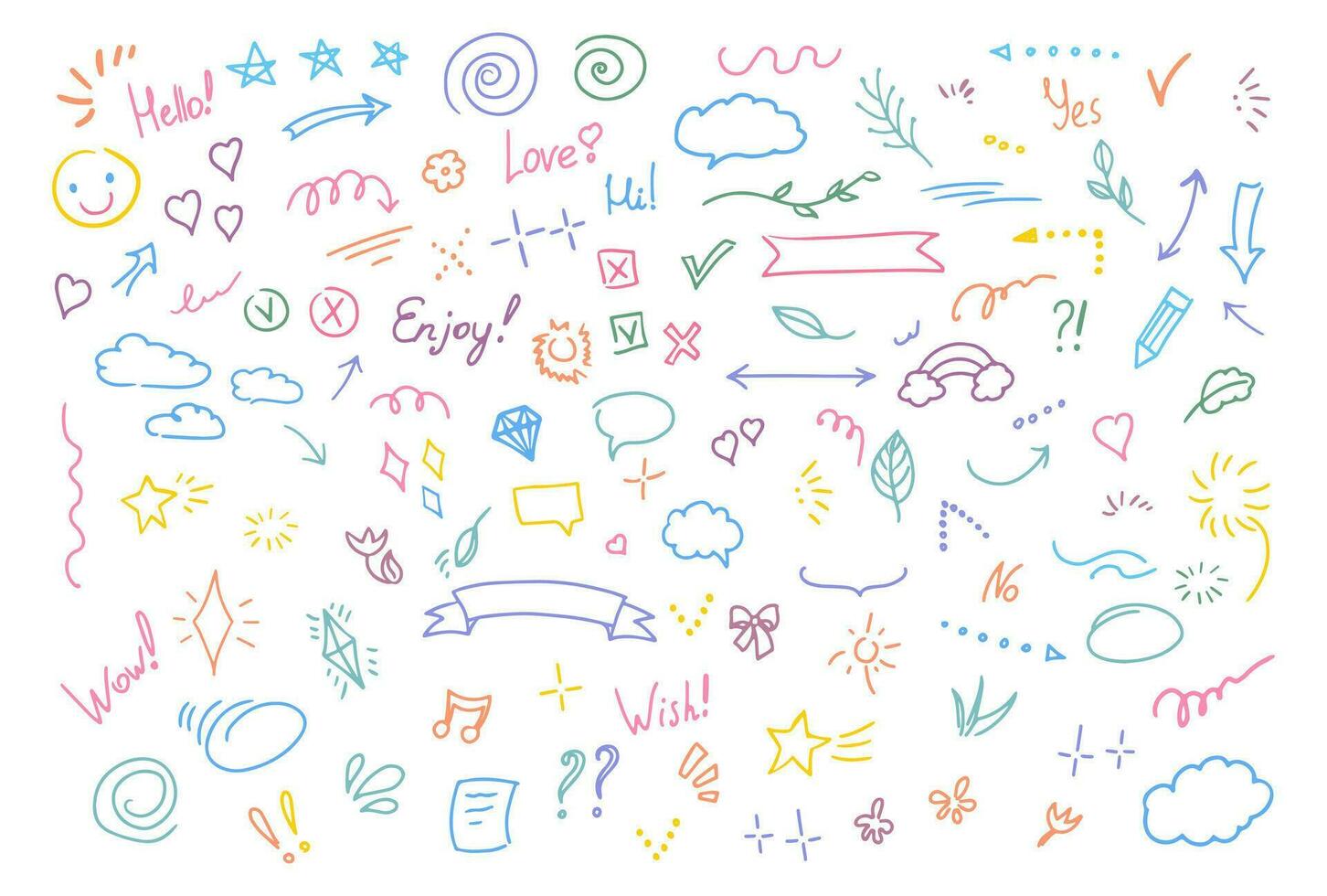 Simple sketch line style  elements. Doodle cute ink  pen line elements isolated on white background. Doodle  arrow,  heart, star, sparkle decoration  symbol  icon set.  Vector illustration.