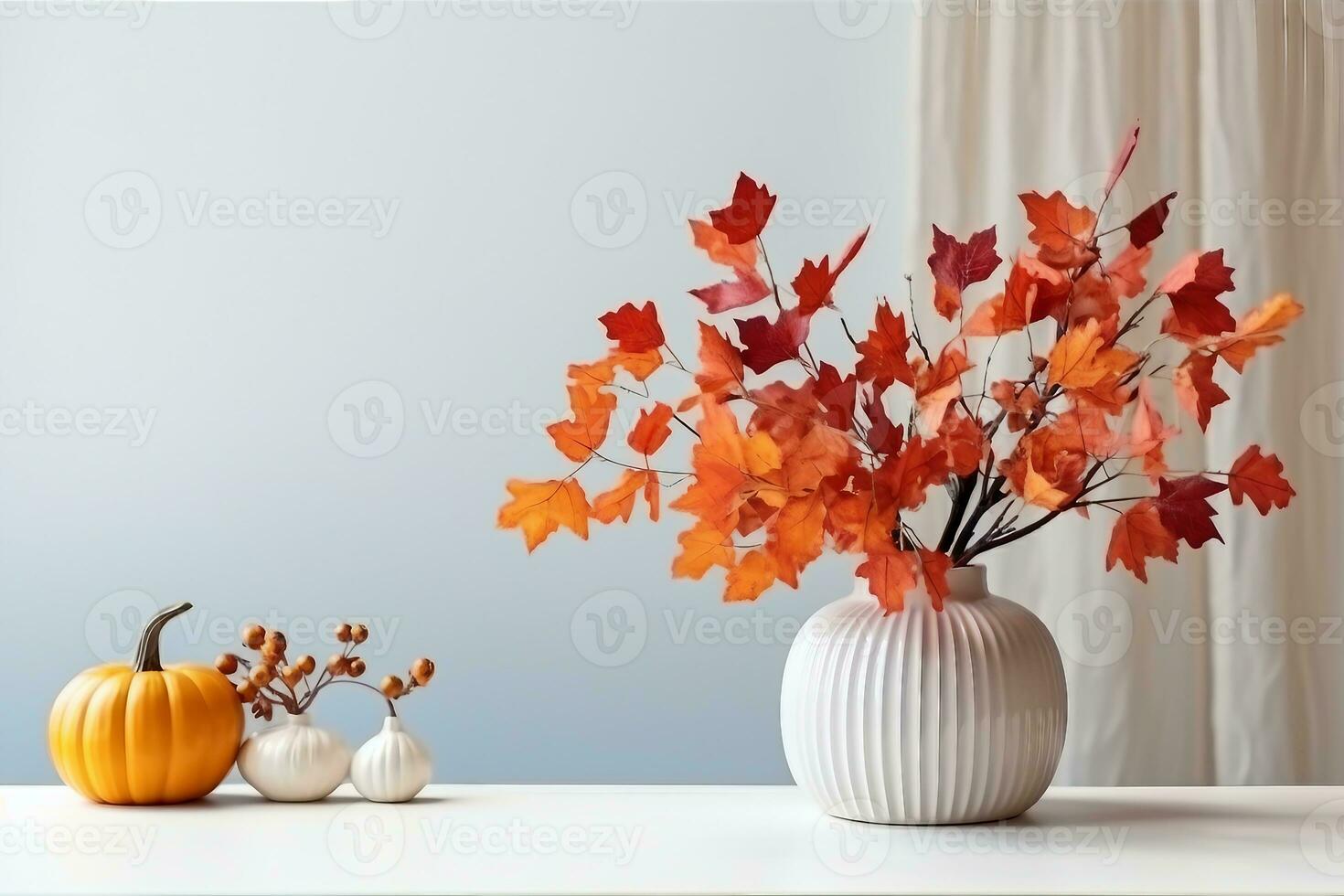 hogar interior con decoración elementos. vistoso otoño hojas en un florero en un ligero antecedentes. burlarse de arriba para mostrando obras. generativo ai. foto