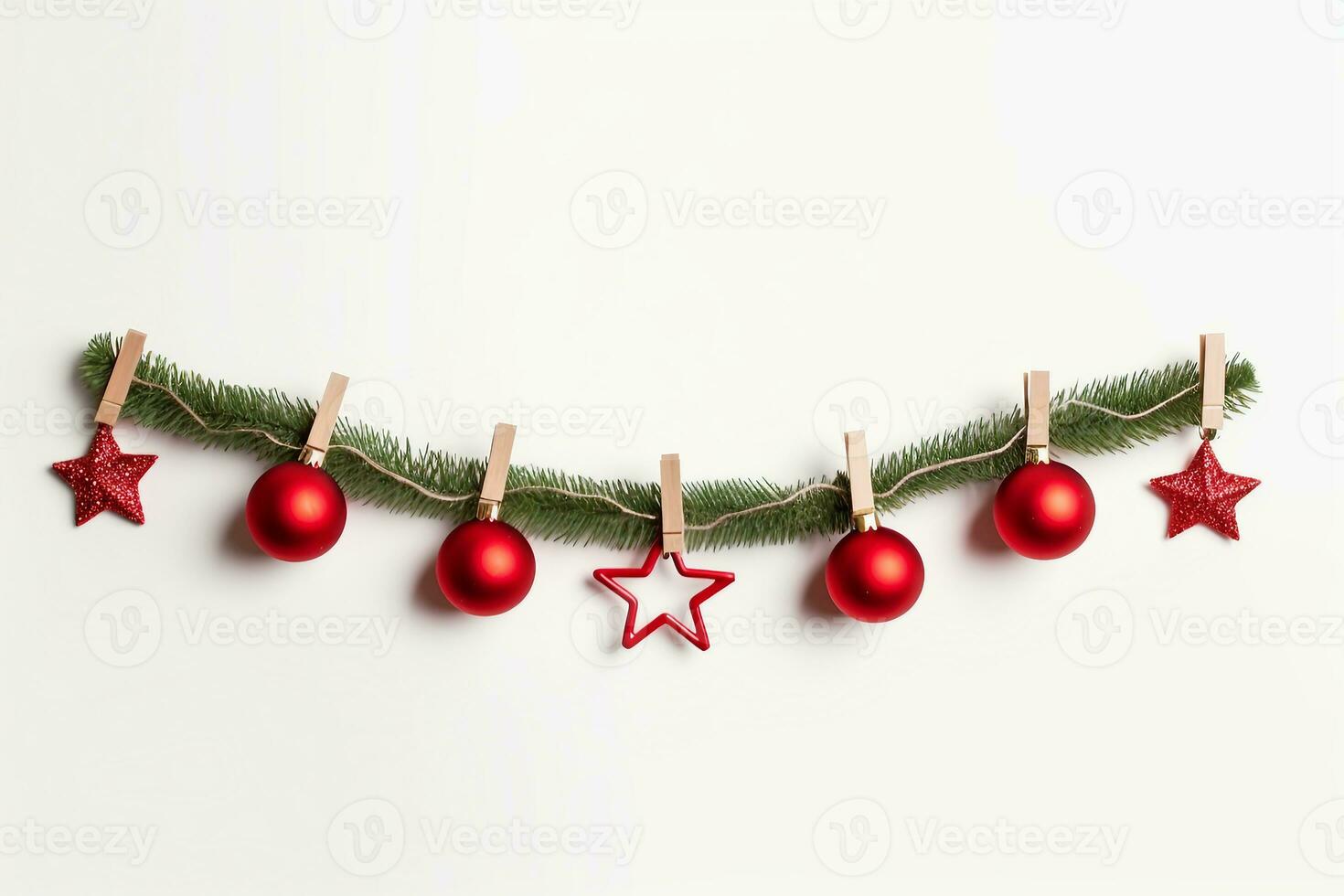 Christmas composition. Garland made of red balls and fir tree branches on white background. Christmas, winter, new year concept. Flat lay, top view, copy space. generative ai. photo