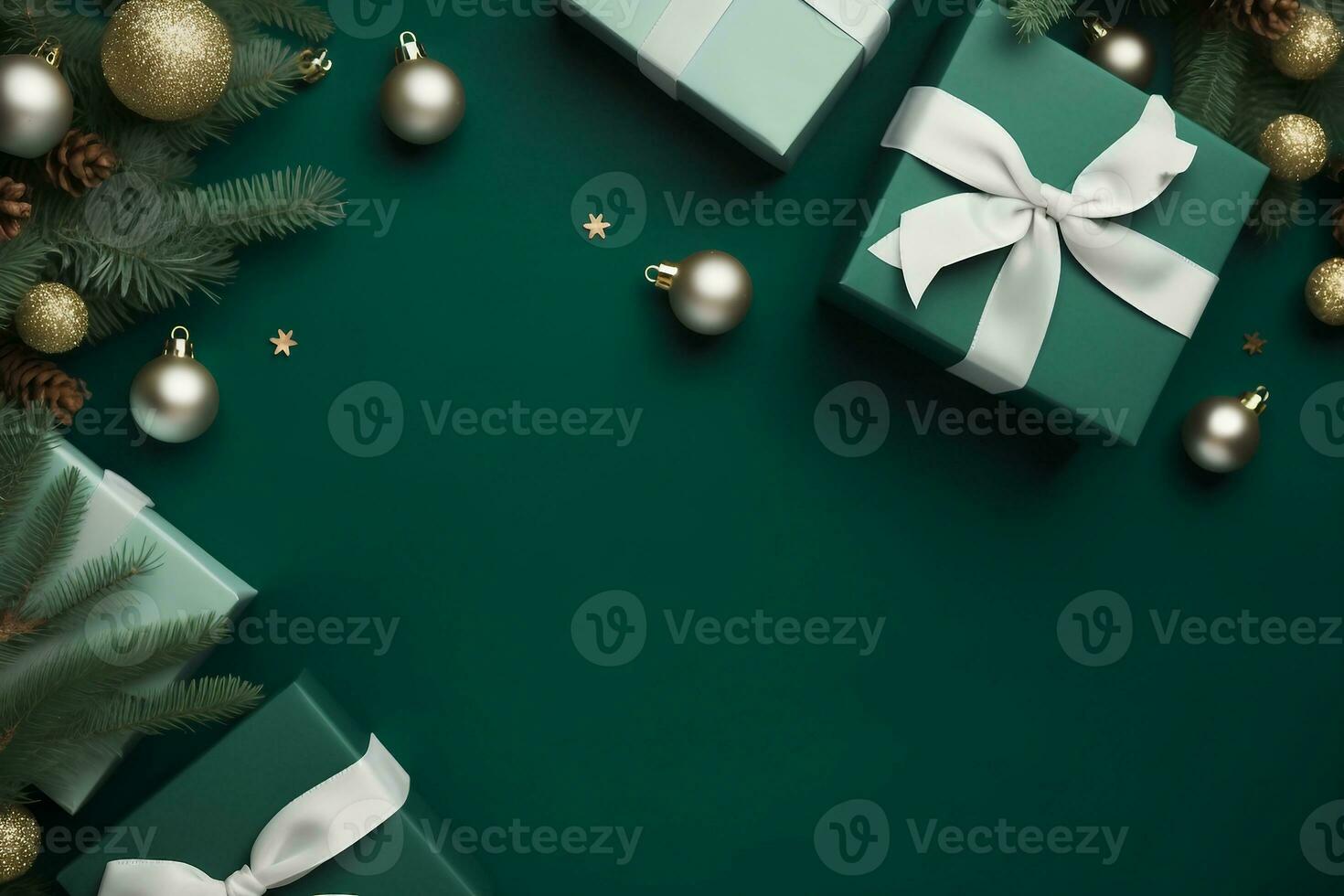 Christmas border with xmas tree and gifts on green background. Winter holiday. Happy New Year. Space for text. View from above, flat lay. Xmas. Template, mockup. Greeting card. generative ai. photo