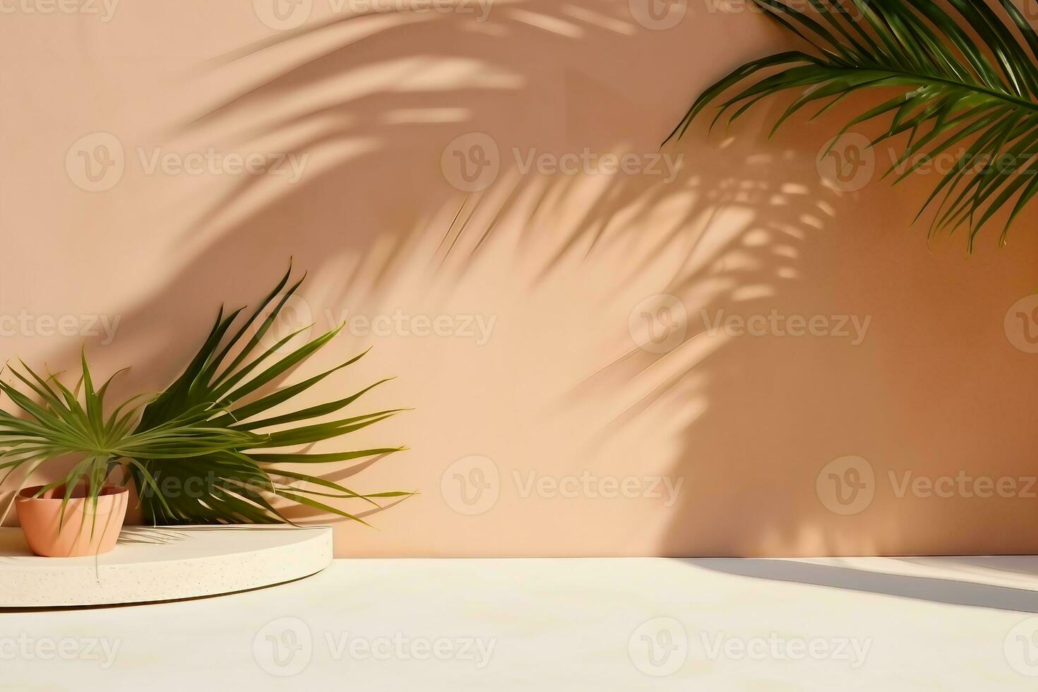 Minimal modern product display on textured beige background with palm shadows overlay. generative ai. photo