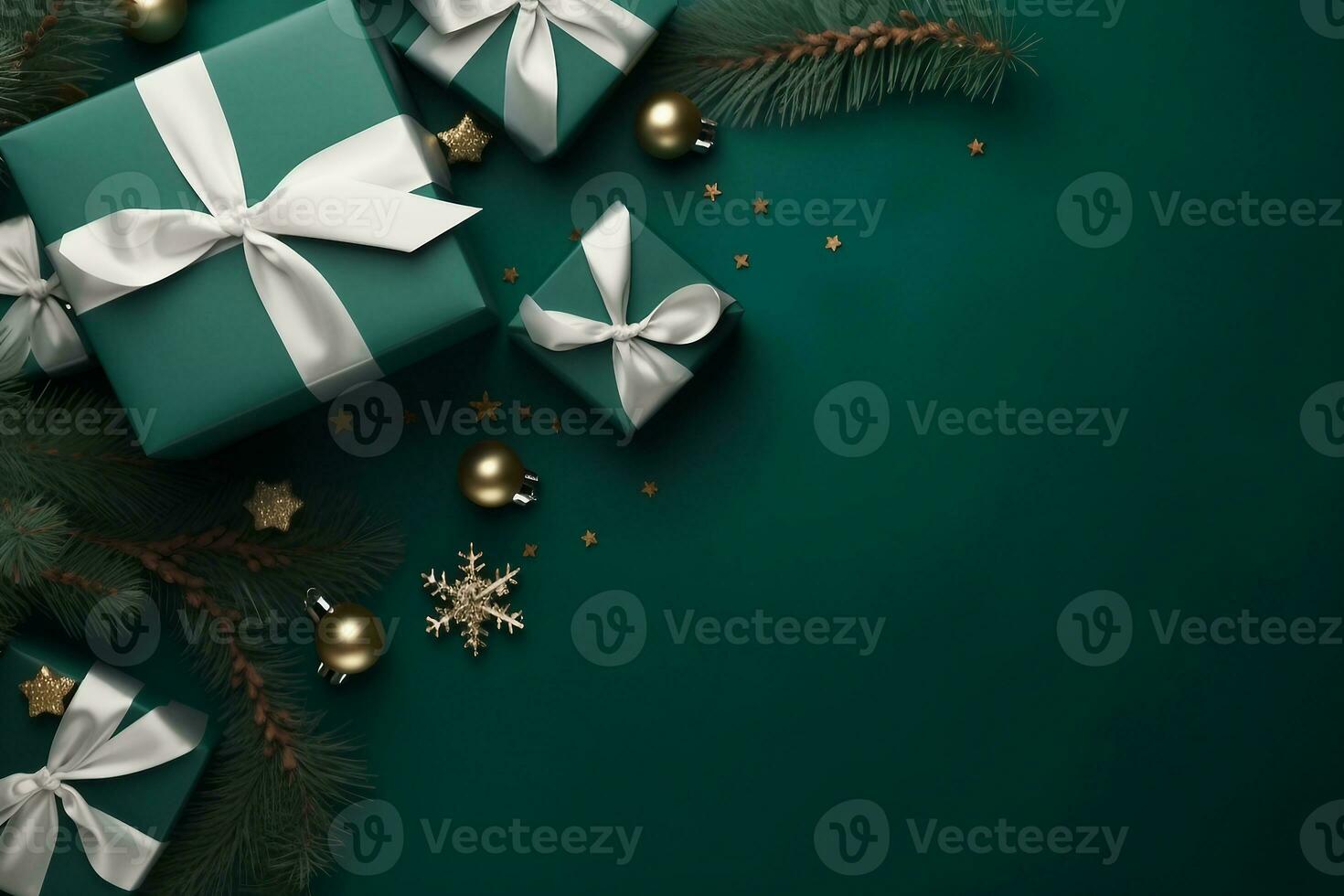 Christmas border with xmas tree and gifts on green background. Winter holiday. Happy New Year. Space for text. View from above, flat lay. Xmas. Template, mockup. Greeting card. generative ai. photo
