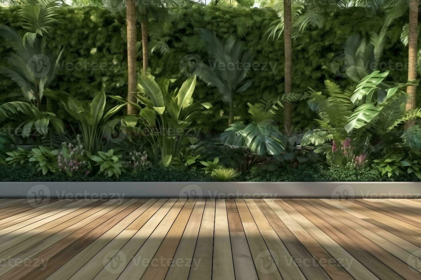 interior design, Empty wooden terrace with green wall 3d render,There are wood plank floor with tropical style tree garden background sunlight shine on the tree. generative ai. photo