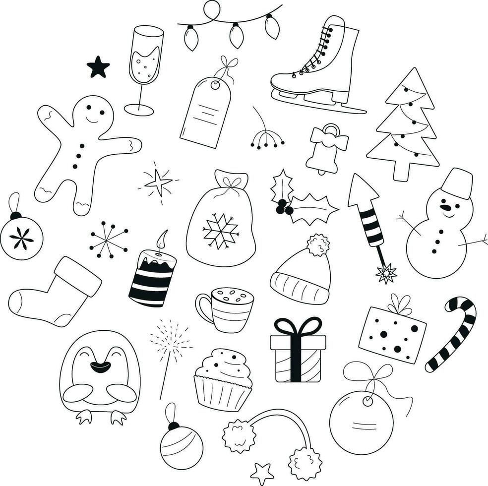 Vector set of New Year elements in doodle style