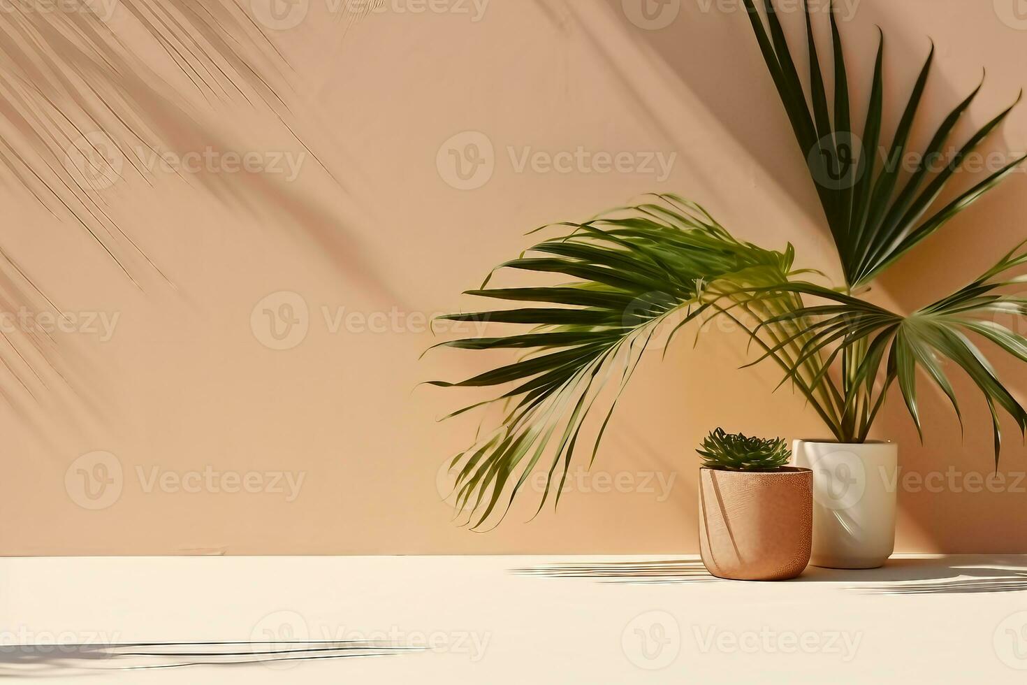 Minimal modern product display on textured beige background with palm shadows overlay. generative ai. photo