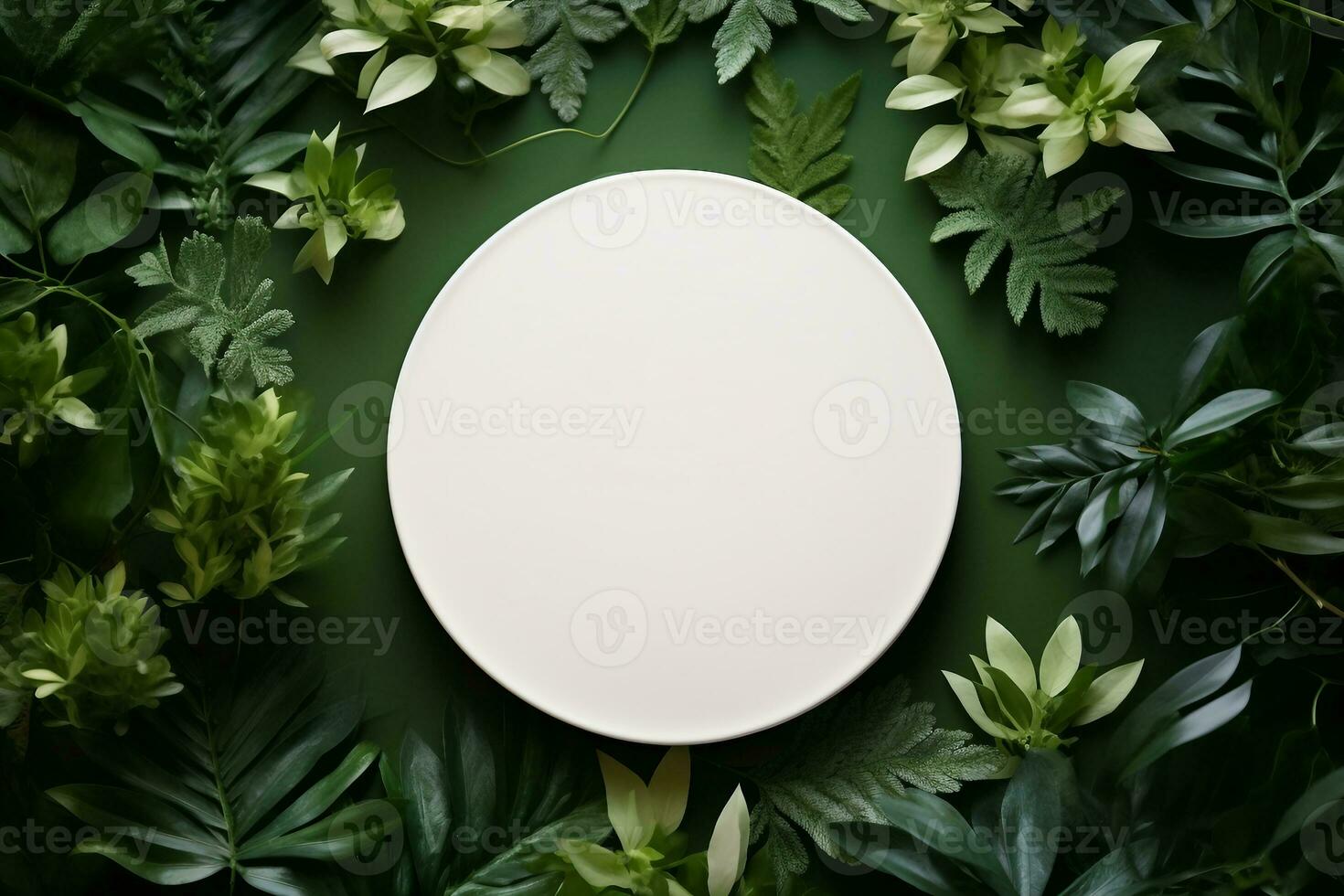 White round template podium mockup for natural organic cosmetic product presentation ad concept on green eco forest fresh leaves nature flat lay background, generative ai. photo