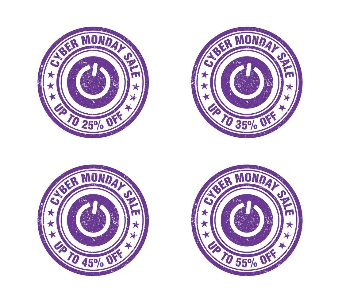 Cyber monday sale, violet grunge stamp set. Sale 25, 35, 45, 55 percent off vector