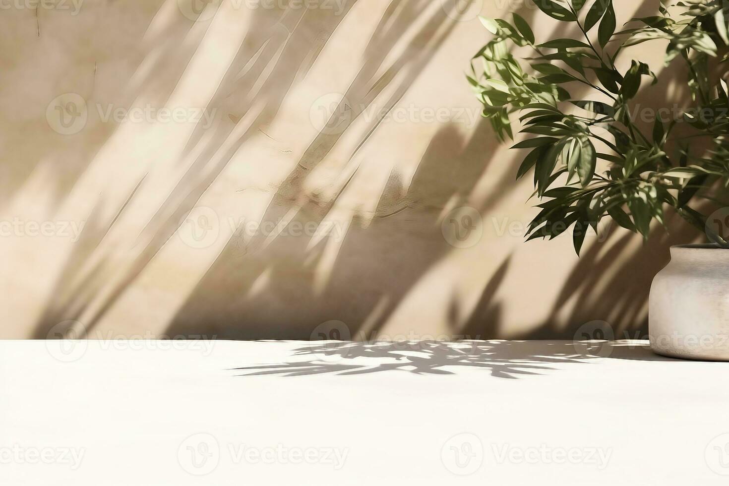 interior design, Minimal empty white marble stone counter table top, green tree in sunlight, leaf shadow. generative ai. photo