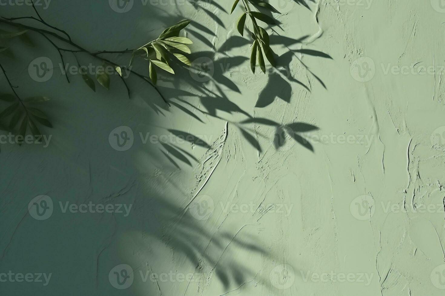 Abstract tree leaves shadows on gray green concrete wall texture with roughness and irregularities. Abstract trendy nature concept background. Copy space for text overlay. generative ai. photo