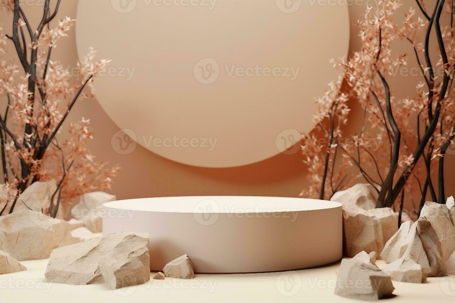 product display podium stand with stone rock. Abstract beige background scene with geometric shape. Brown pedestal table with autumn plants for beauty product. generative ai. photo
