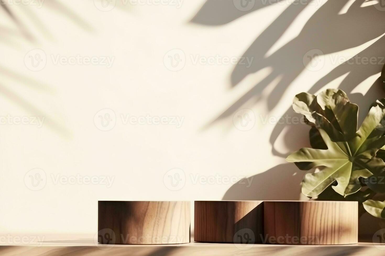 empty natural wooden log with wood grain podium for organic products overlay display under sunlight with foliage leaves shadow on beige wall in background. generative ai. photo