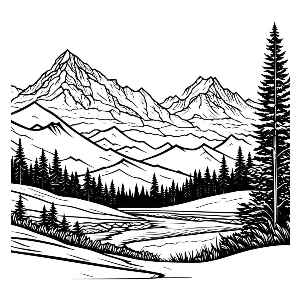 montañas y conífero bosque. negro y blanco vector ilustración.