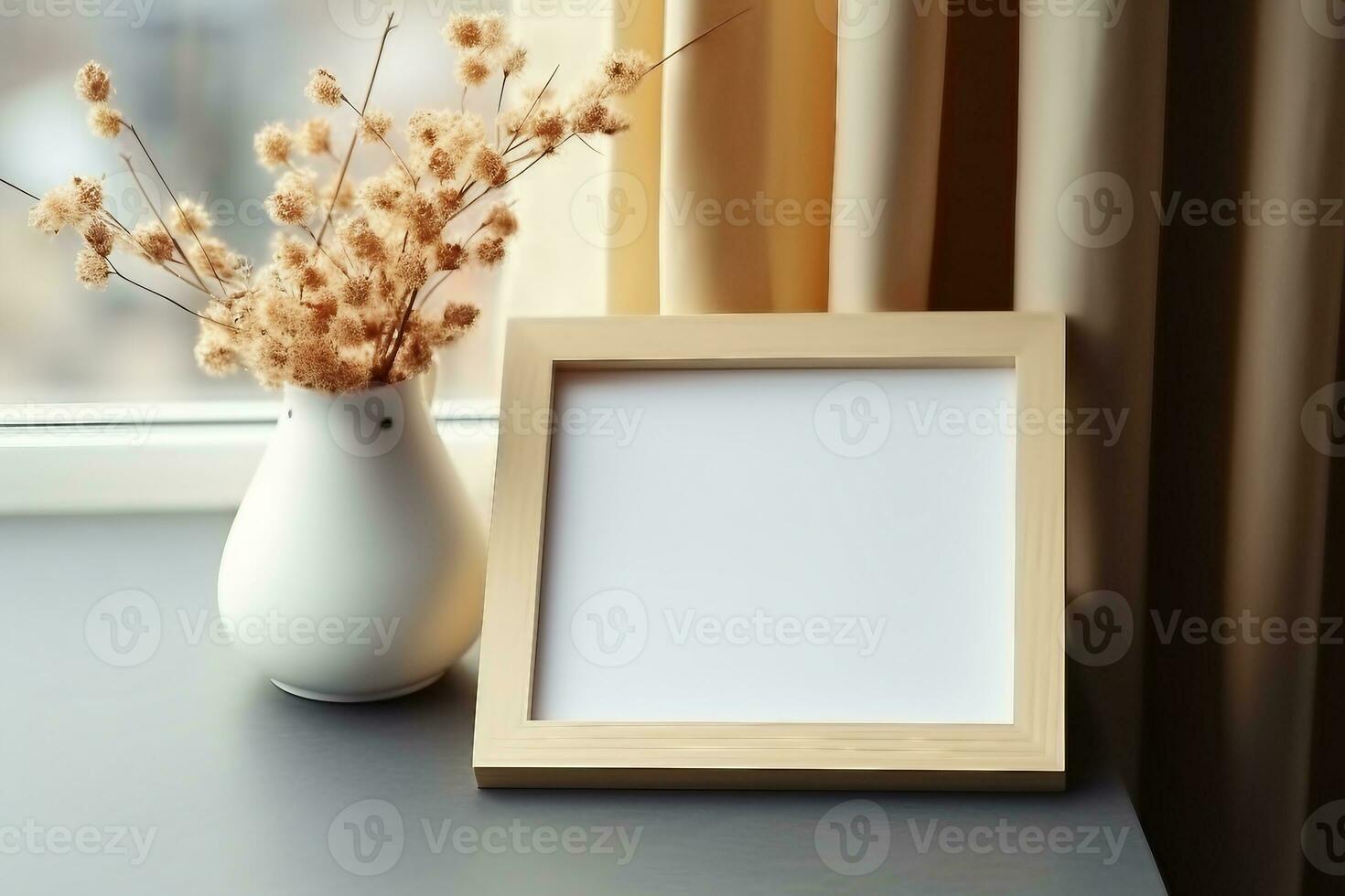 Picture frame mockup and vase of dried linum on windowsill top view. Flat lay, top view, copy space. generative ai. photo