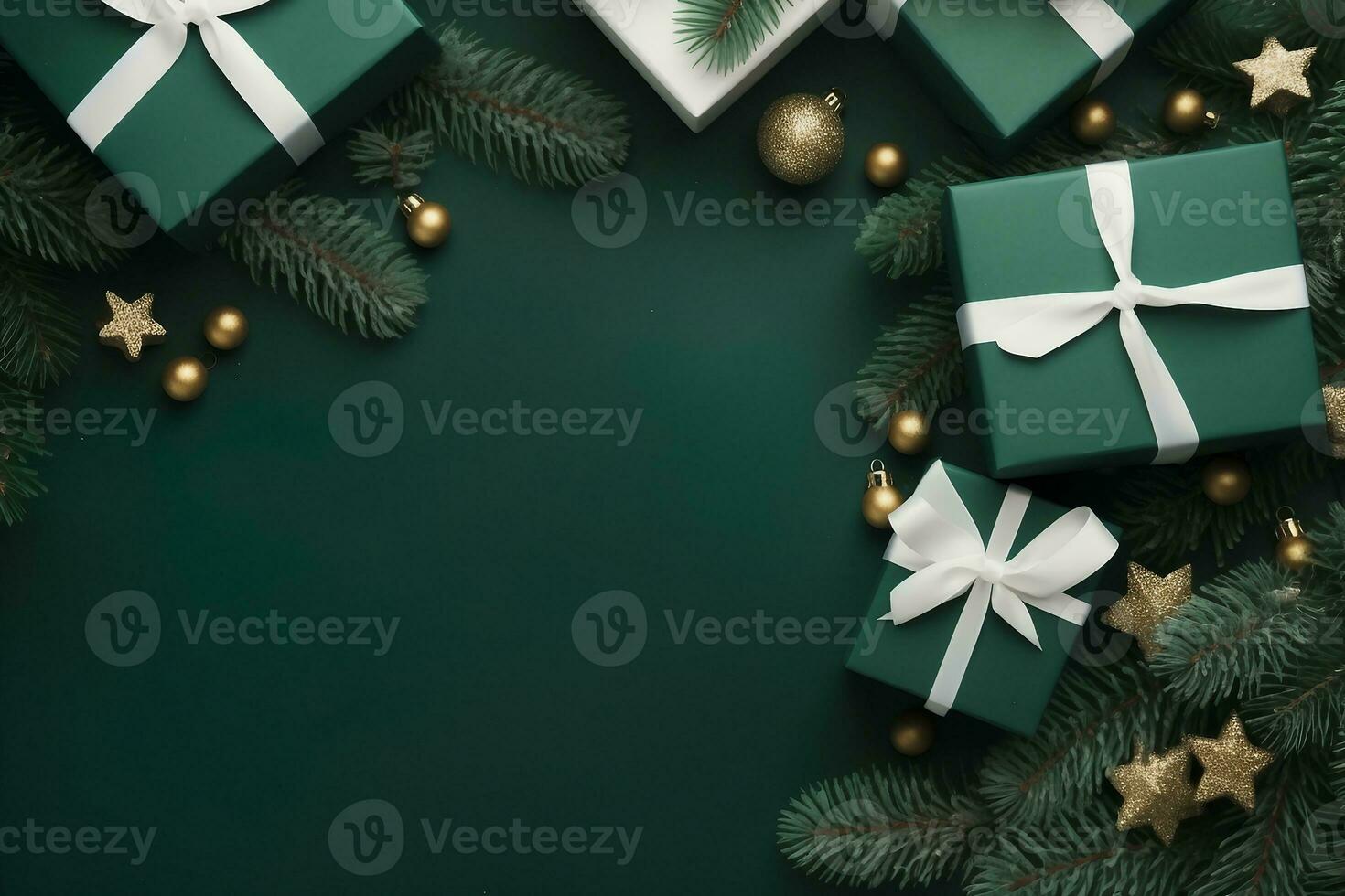 Christmas border with xmas tree and gifts on green background. Winter holiday. Happy New Year. Space for text. View from above, flat lay. Xmas. Template, mockup. Greeting card. generative ai. photo