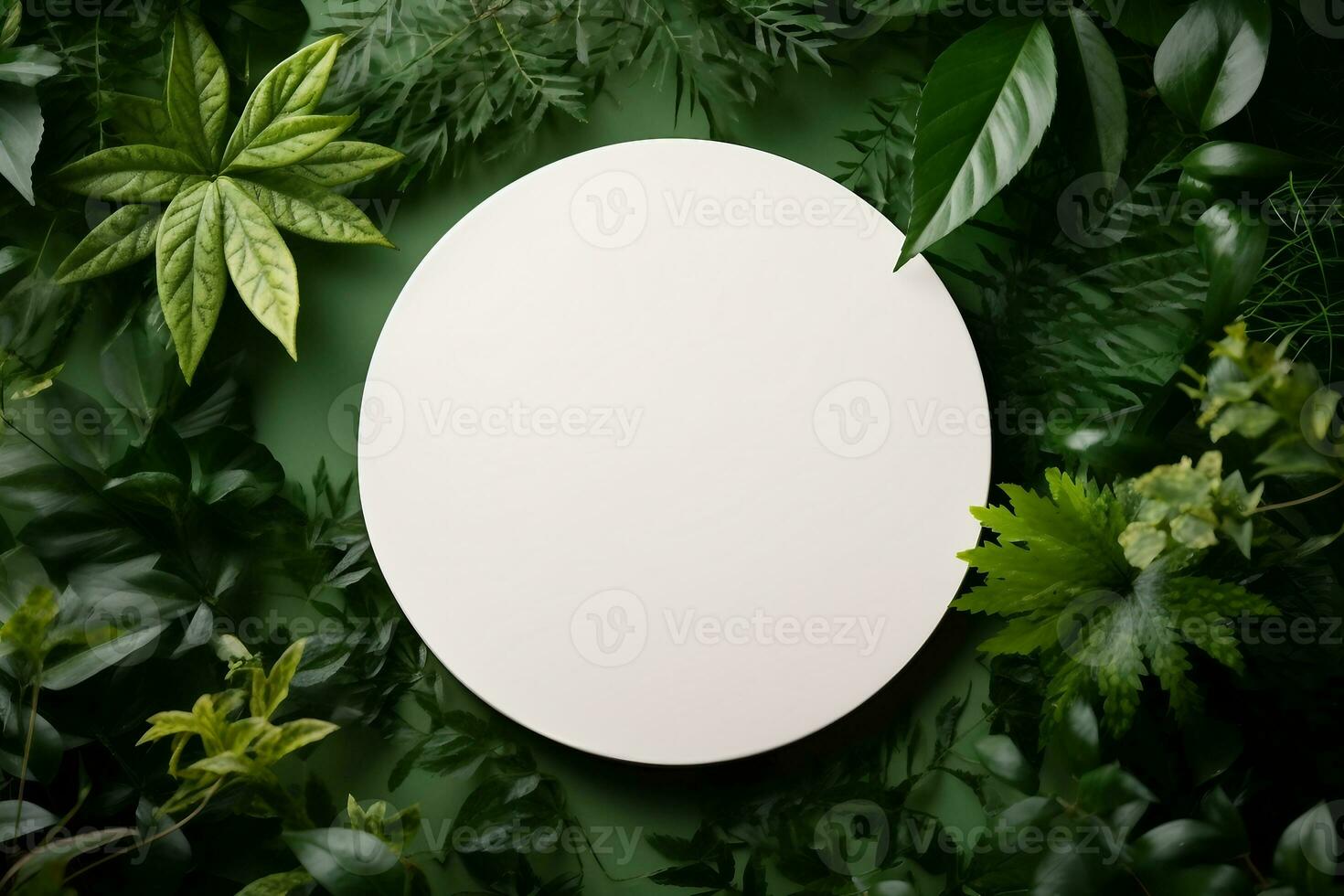 White round template podium mockup for natural organic cosmetic product presentation ad concept on green eco forest fresh leaves nature flat lay background, generative ai. photo