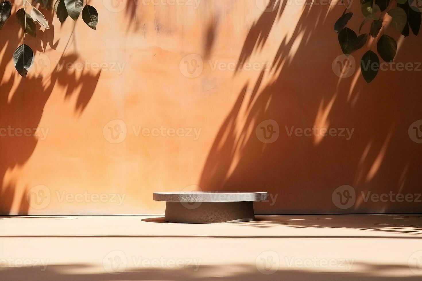 Orange Backdrop Podium Pattern for add Product,Abstract Texture Shadow Leaves Overlay with Sun Light Background,Design Autumn Summer Table Studio Room with Sun Light. generative ai. photo