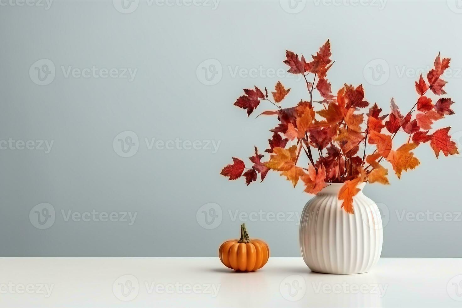 hogar interior con decoración elementos. vistoso otoño hojas en un florero en un ligero antecedentes. burlarse de arriba para mostrando obras. generativo ai. foto