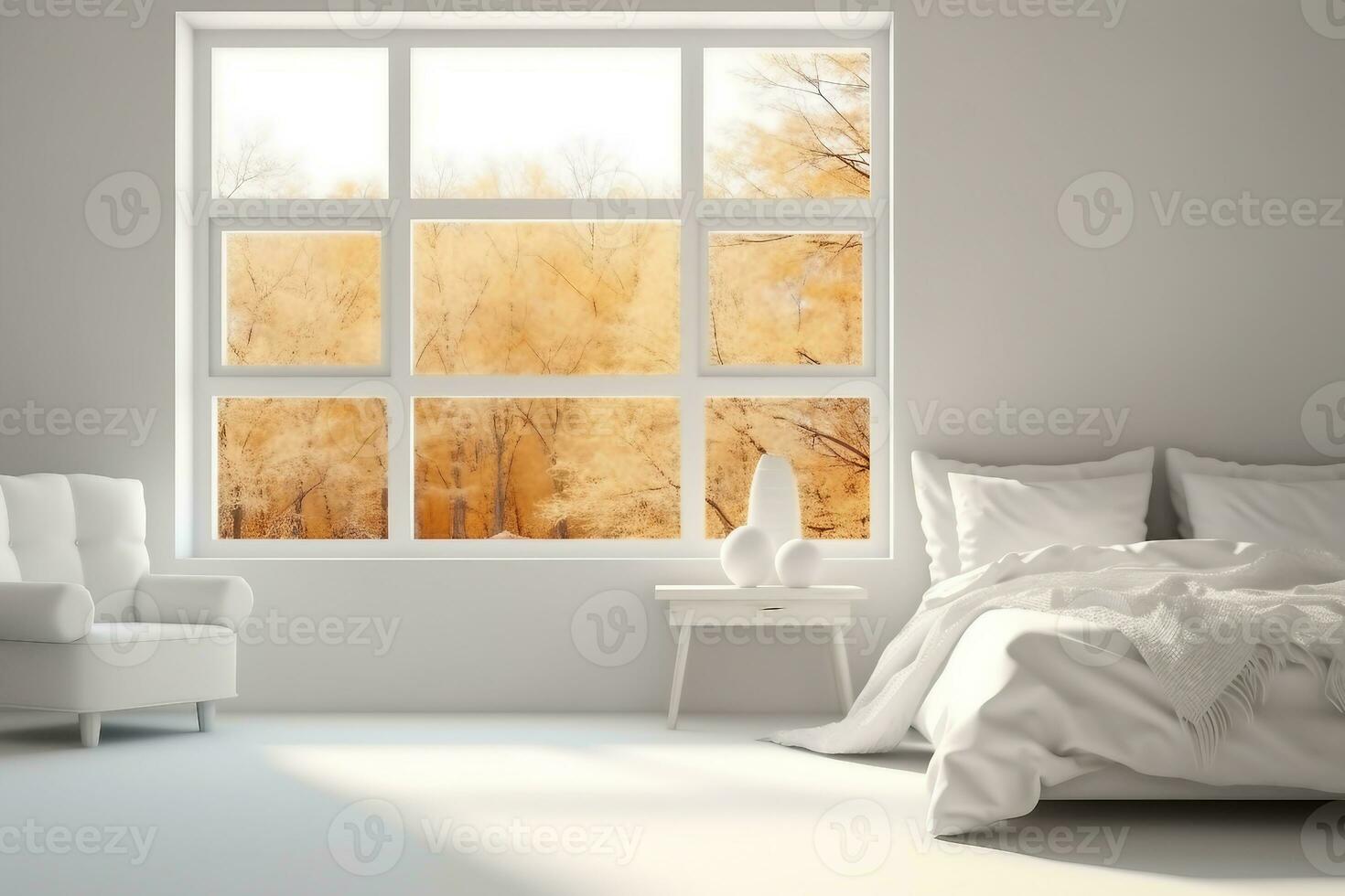 White stylish minimalist bedroom with armchair and autumn landscape in window. Scandinavian interior design. generative ai. photo