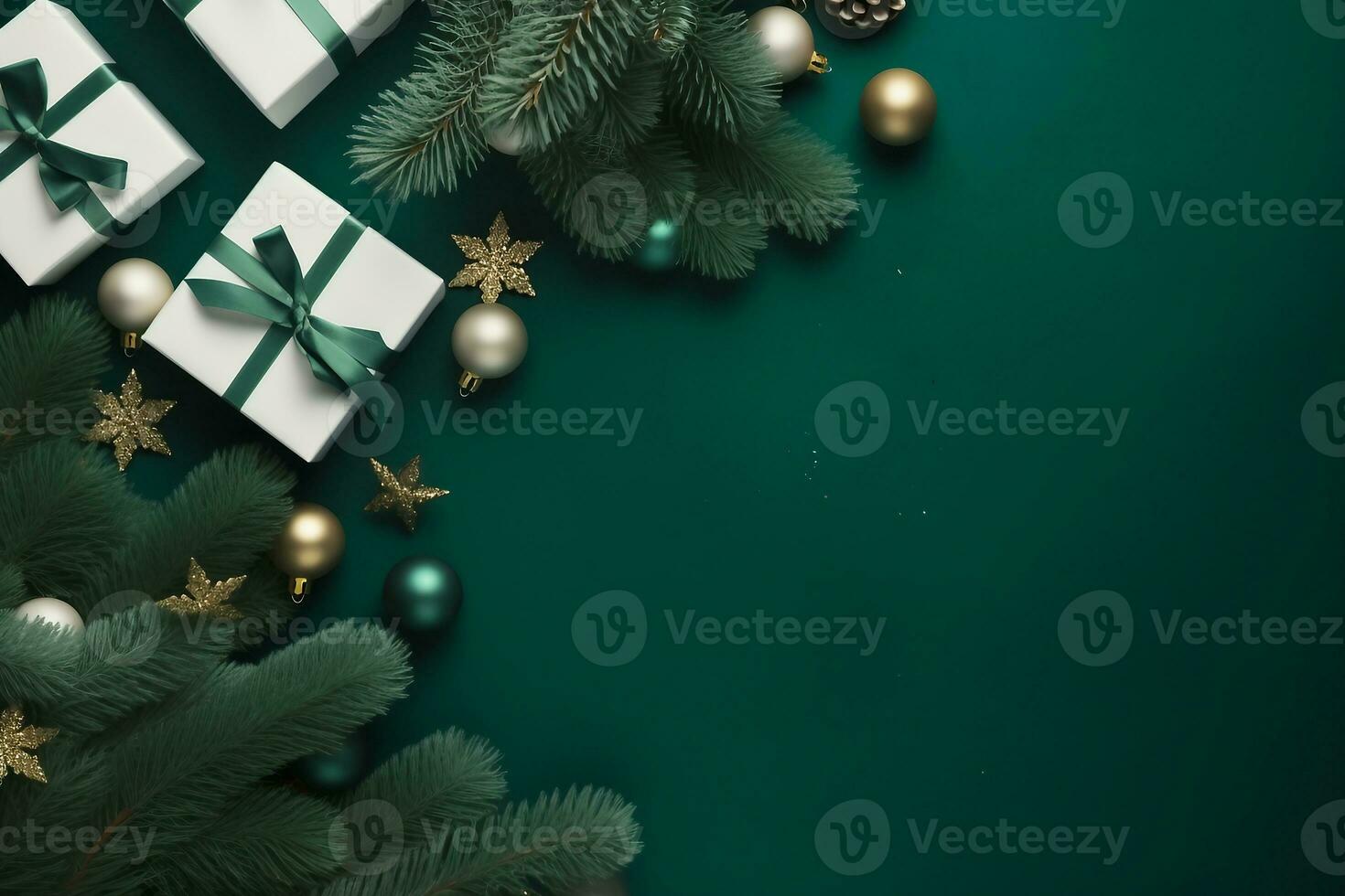 Christmas border with xmas tree and gifts on green background. Winter holiday. Happy New Year. Space for text. View from above, flat lay. Xmas. Template, mockup. Greeting card. generative ai. photo