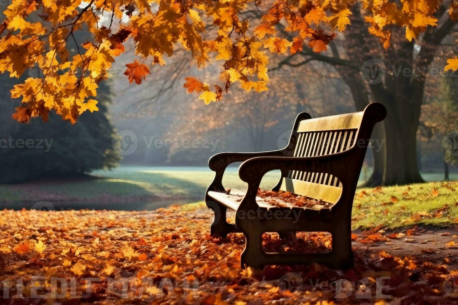 Bench in autumn park. Autumn landscape. generative ai. photo