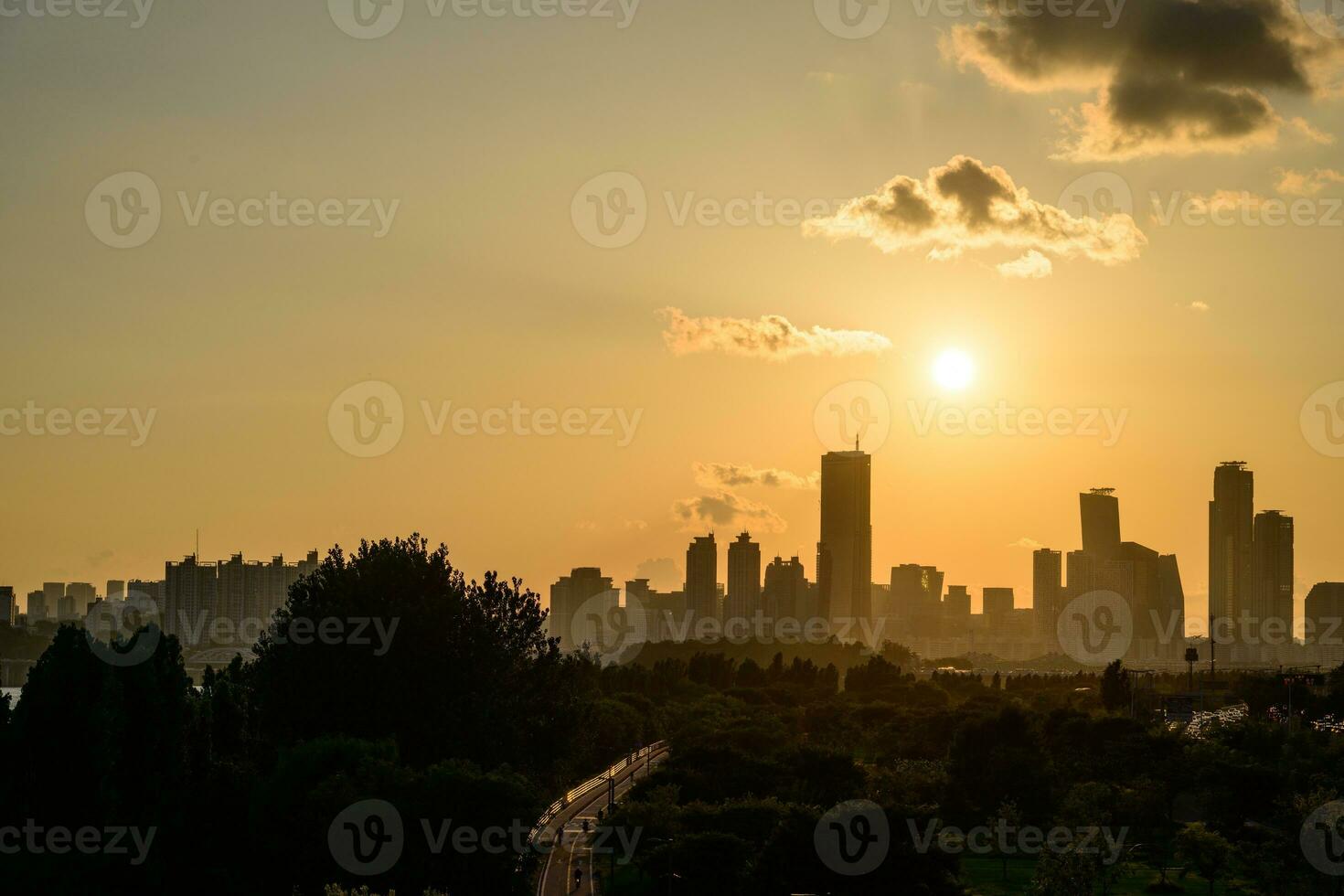 The night view of the city of Yeouido, a high-rise building, shot at Dongjak Bridge in Seoul at sunset photo