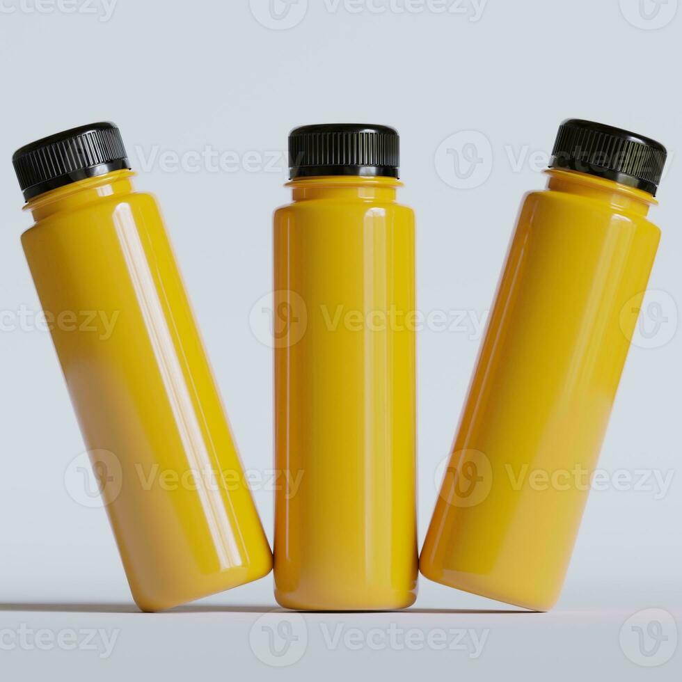 Orange juice in bottle black cup realistic 3D rendering photo