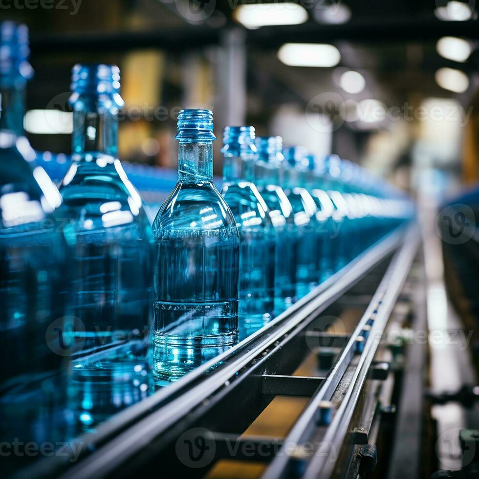 AI Generative water bottles in the industrial production process in conveyor line, factory process, coveyor line, background are factory photo