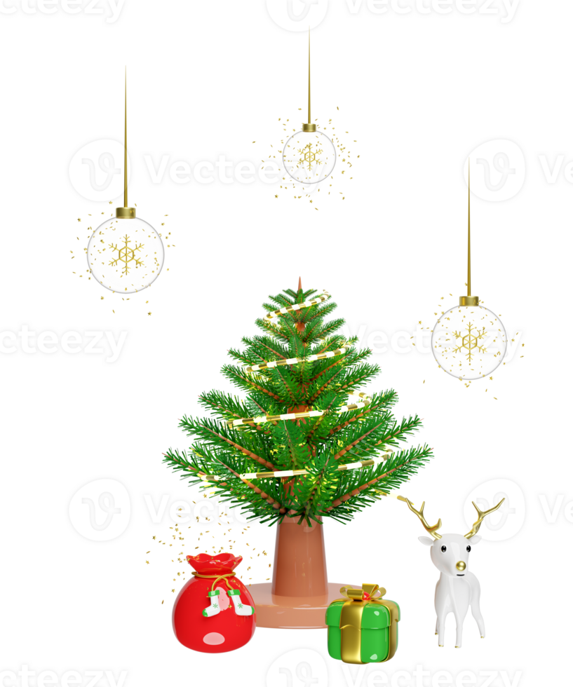 3d snow ball, ornaments glass transparent with reindeer, pine tree, gift box, snowflake, gift bag. merry christmas and happy new year, 3d render illustration png