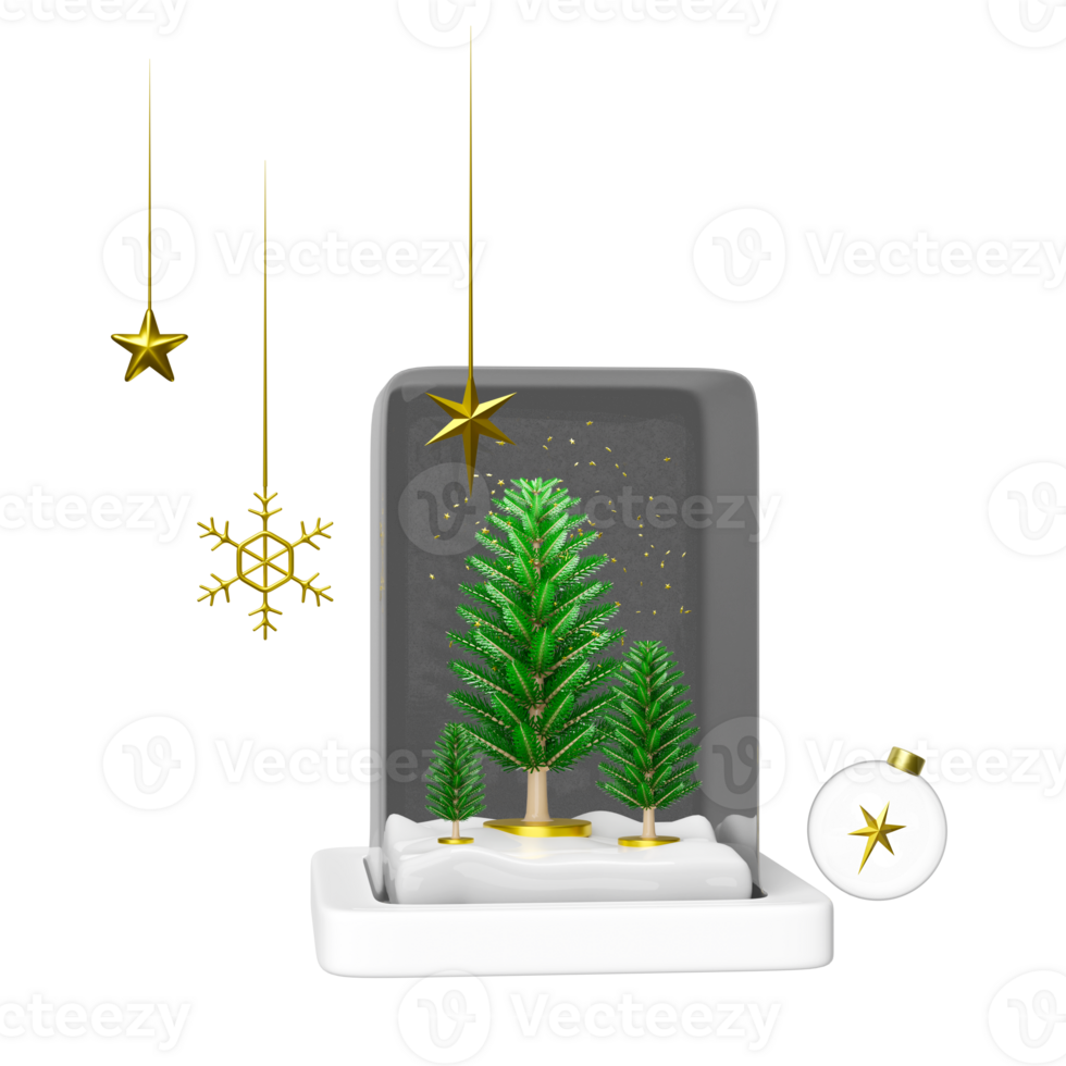 christmas cube glass dome with snow globe, christmas tree, star, snowflake, confetti. merry Christmas and festive New Year, 3d render illustration png