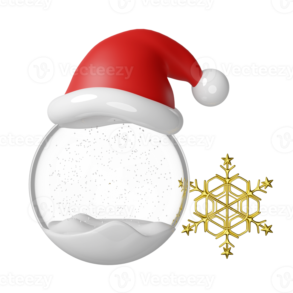 3d snow ball, ornaments glass transparent with santa claus hat, snowflake. merry christmas and happy new year, 3d render illustration png