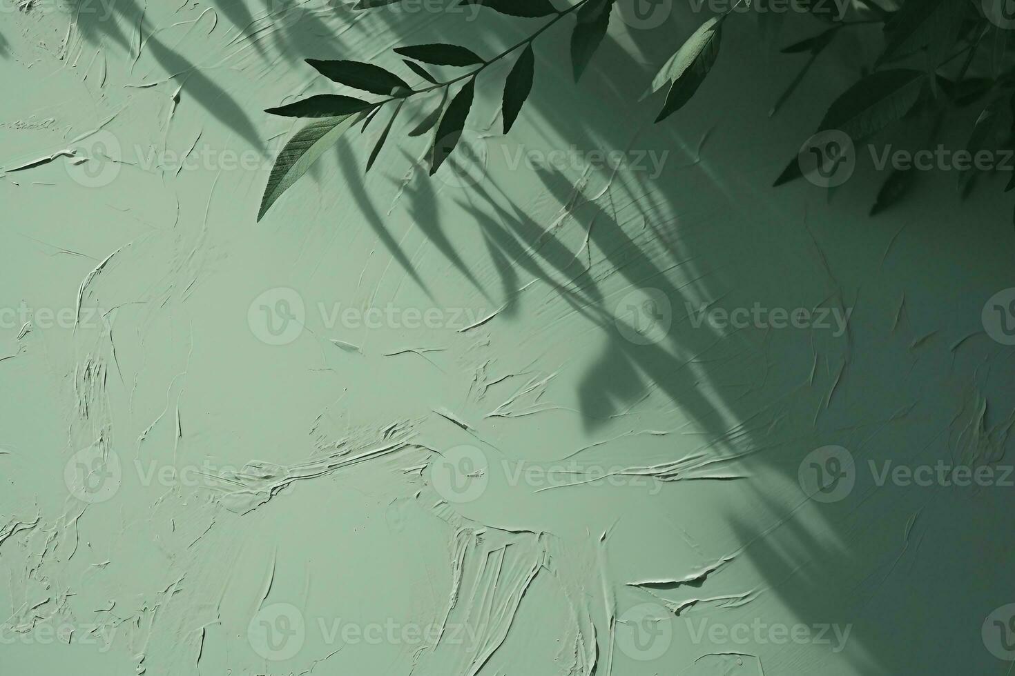 Abstract tree leaves shadows on gray green concrete wall texture with roughness and irregularities. Abstract trendy nature concept background. Copy space for text overlay. generative ai. photo