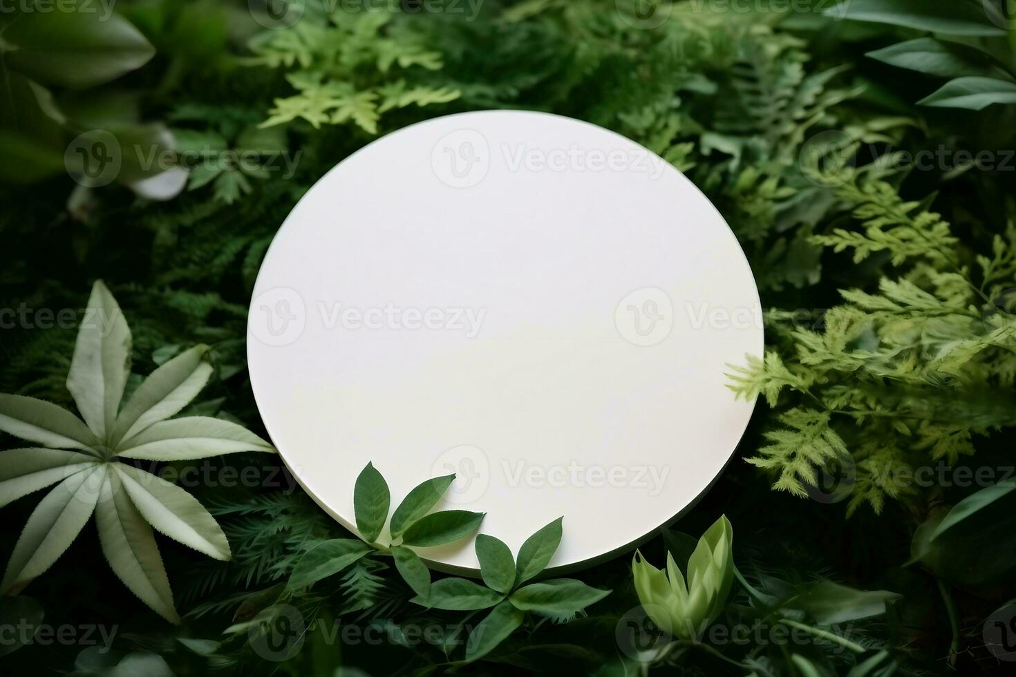White round template podium mockup for natural organic cosmetic product presentation ad concept on green eco forest fresh leaves nature flat lay background, generative ai. photo