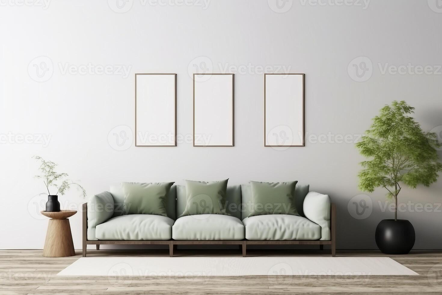 contemporary interior design for 3 poster frames in living room mock up with green couch, wooden pot and floor lamp. . photo