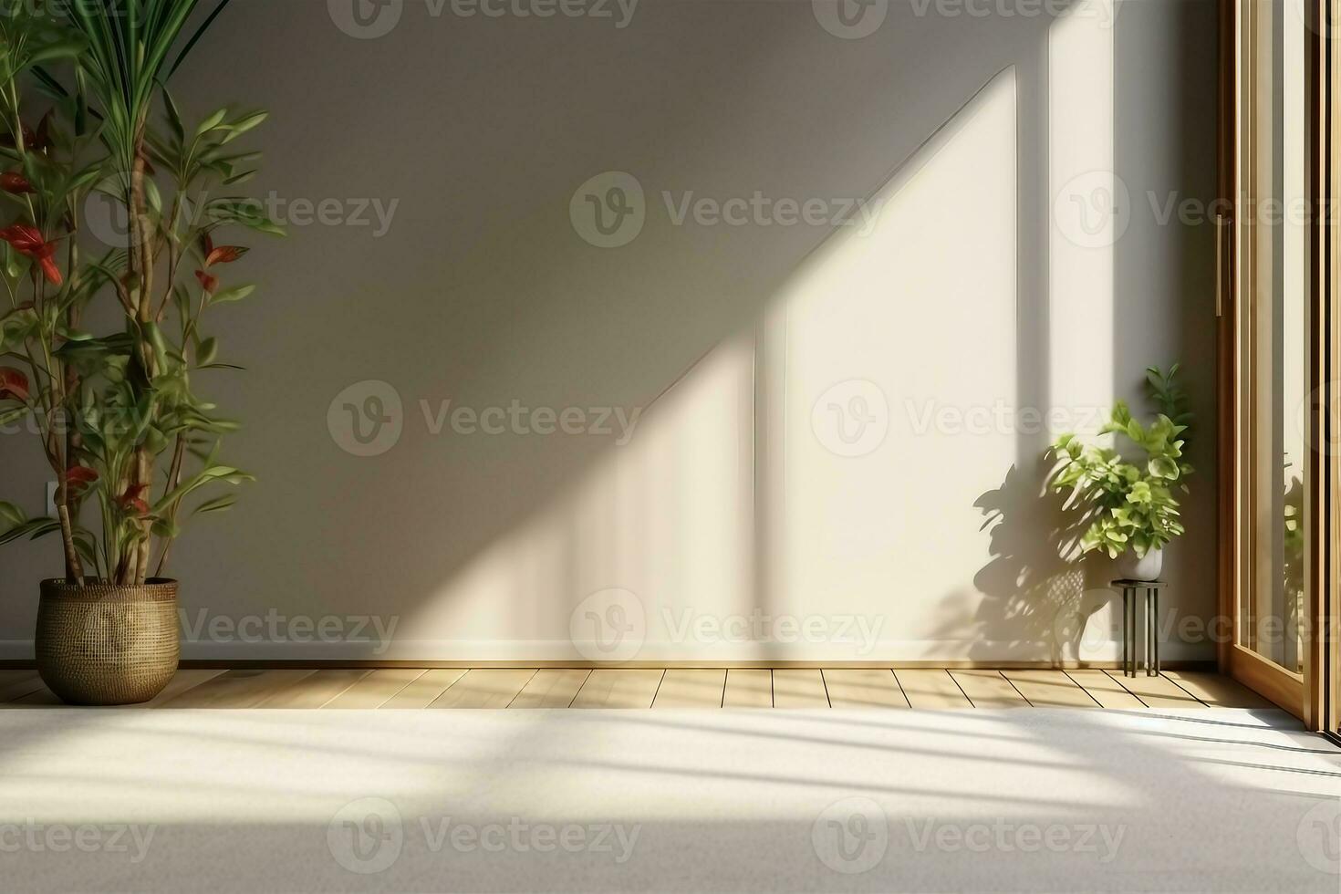 empty blank new luxury residential with shiny metal gold folding door frame to balcony, Green houseplants, Morning sunlight, Moving in, Home, Carpet floor, Backdrop, Indoor, Apartment. generative ai photo