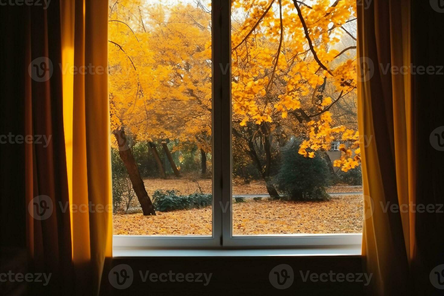 Window in room view on autumn park with fall leaves on the tree. autumn concept. generative ai. photo