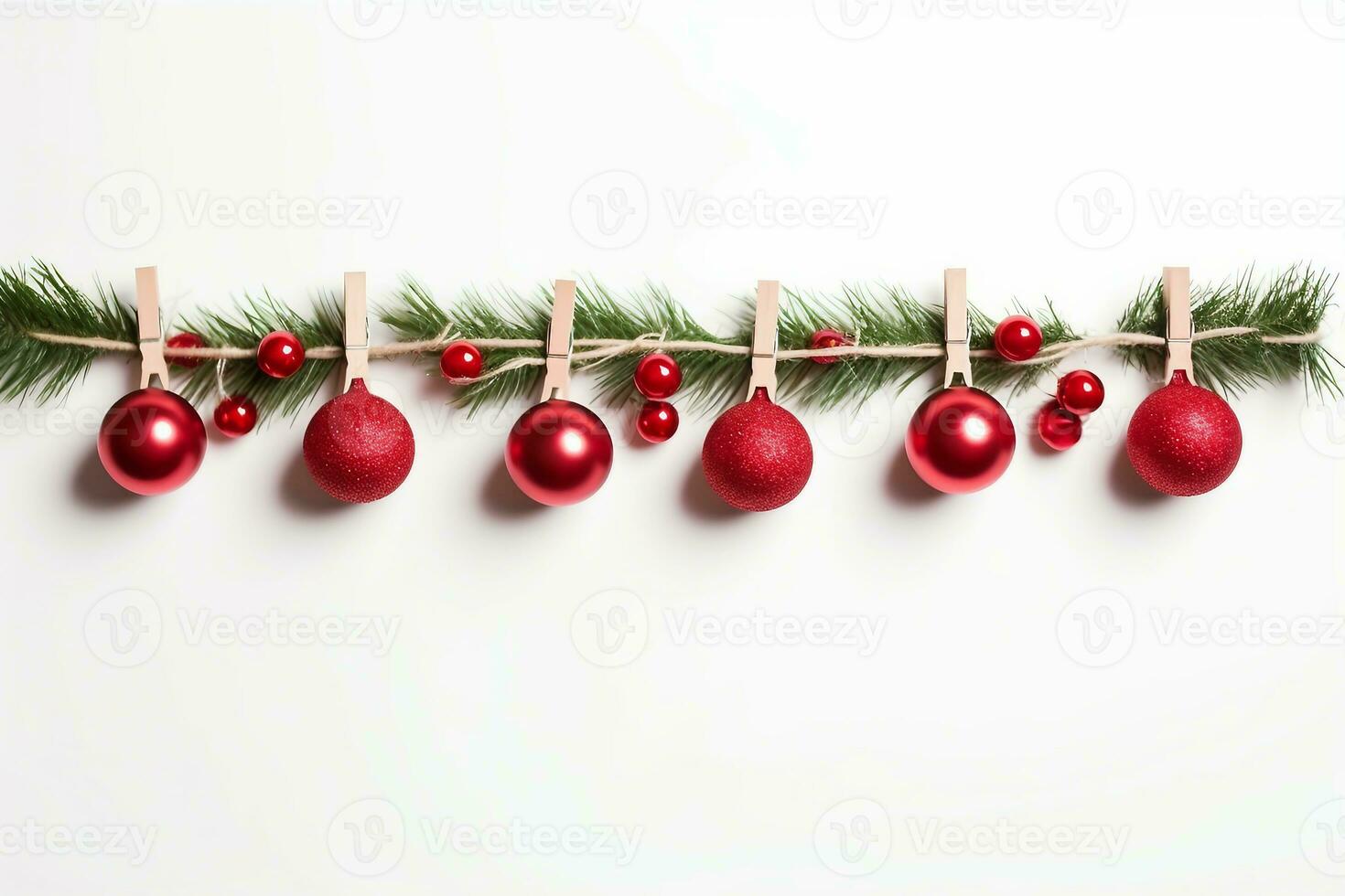 Christmas composition. Garland made of red balls and fir tree branches on white background. Christmas, winter, new year concept. Flat lay, top view, copy space. generative ai. photo